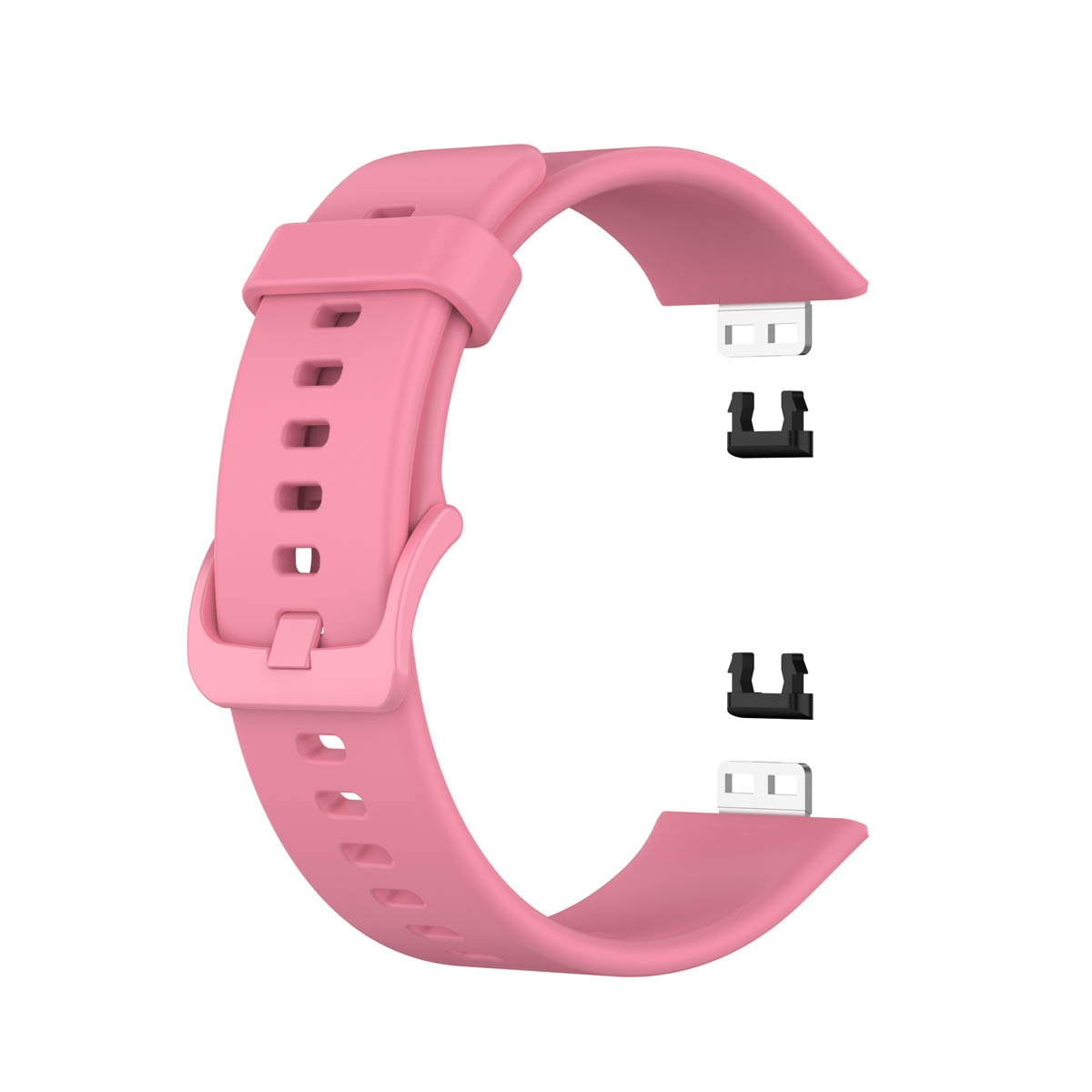 Rosa Uhrenarmband mit Löchern und Schnalle. Zwei schwarze Befestigungsteile sind ebenfalls zu sehen.