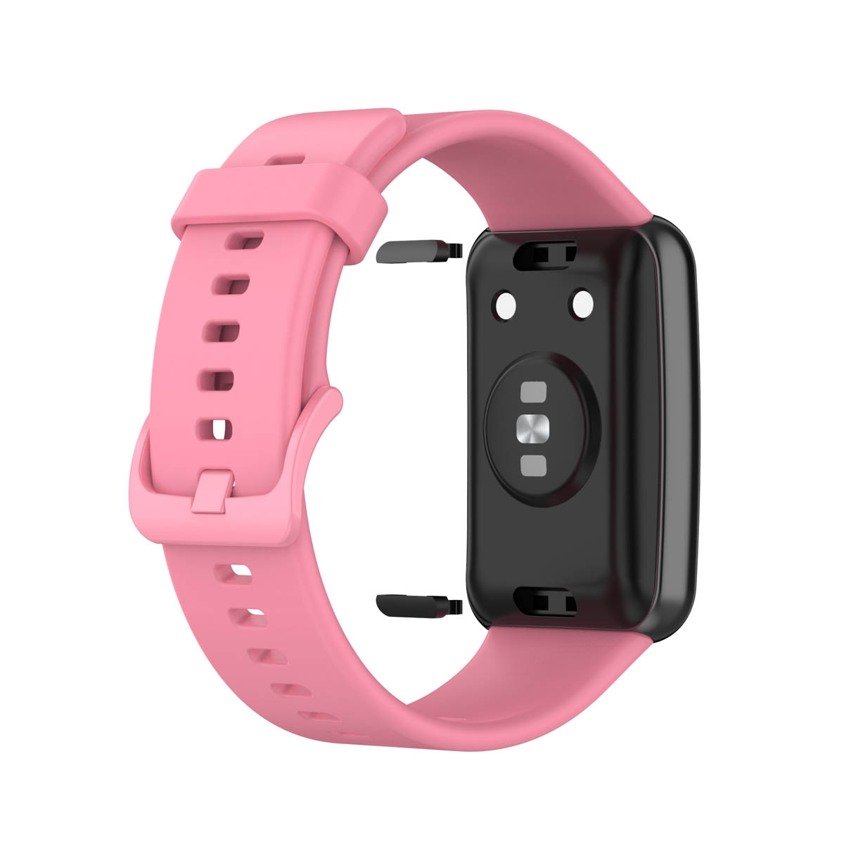 Rosa Smartwatch-Armband mit schwarzem Sensor. Das Armband ist von der Uhr getrennt.