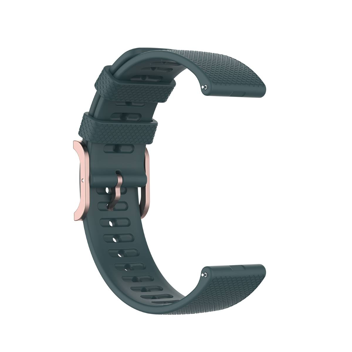 Dunkelgrünes Uhrenarmband mit roségoldener Schnalle.