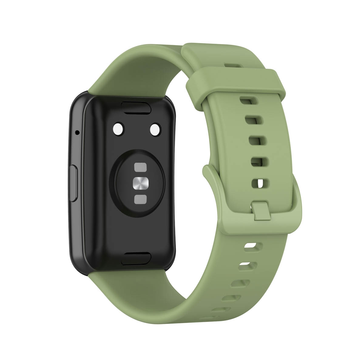 Grünes Fitness-Tracker-Armband an einem schwarzen Tracker befestigt. Weißer Hintergrund.