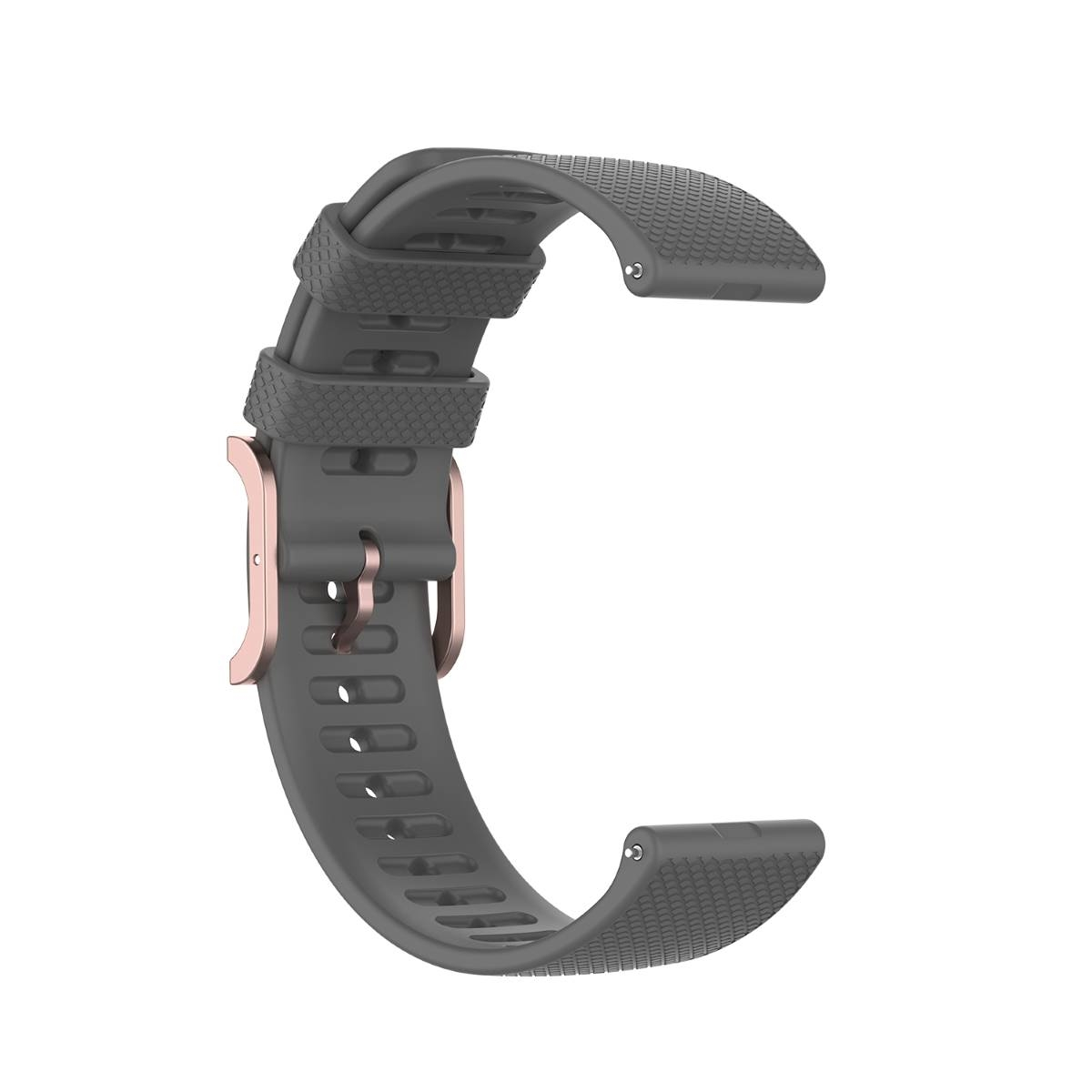 Ein graues Uhrenarmband mit einer roségoldenen Schnalle. Es hat eine C-Form. Weißer Hintergrund.