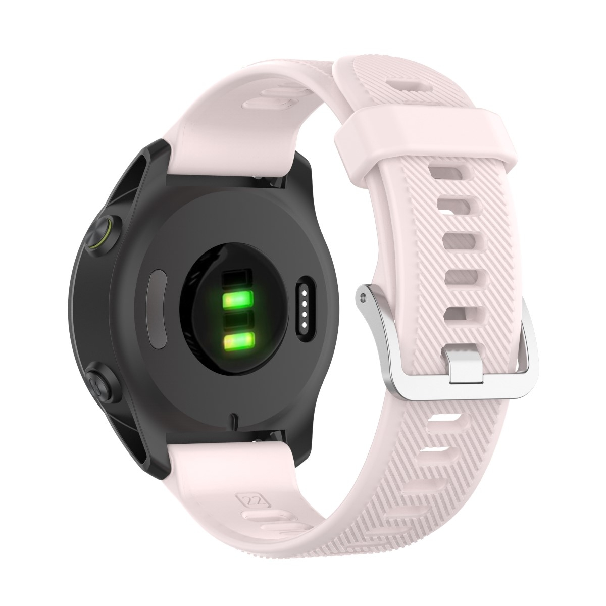 Rosa Uhr mit hellrosa Armband. Rückseite der Uhr sichtbar, schwarz mit grünem Licht.