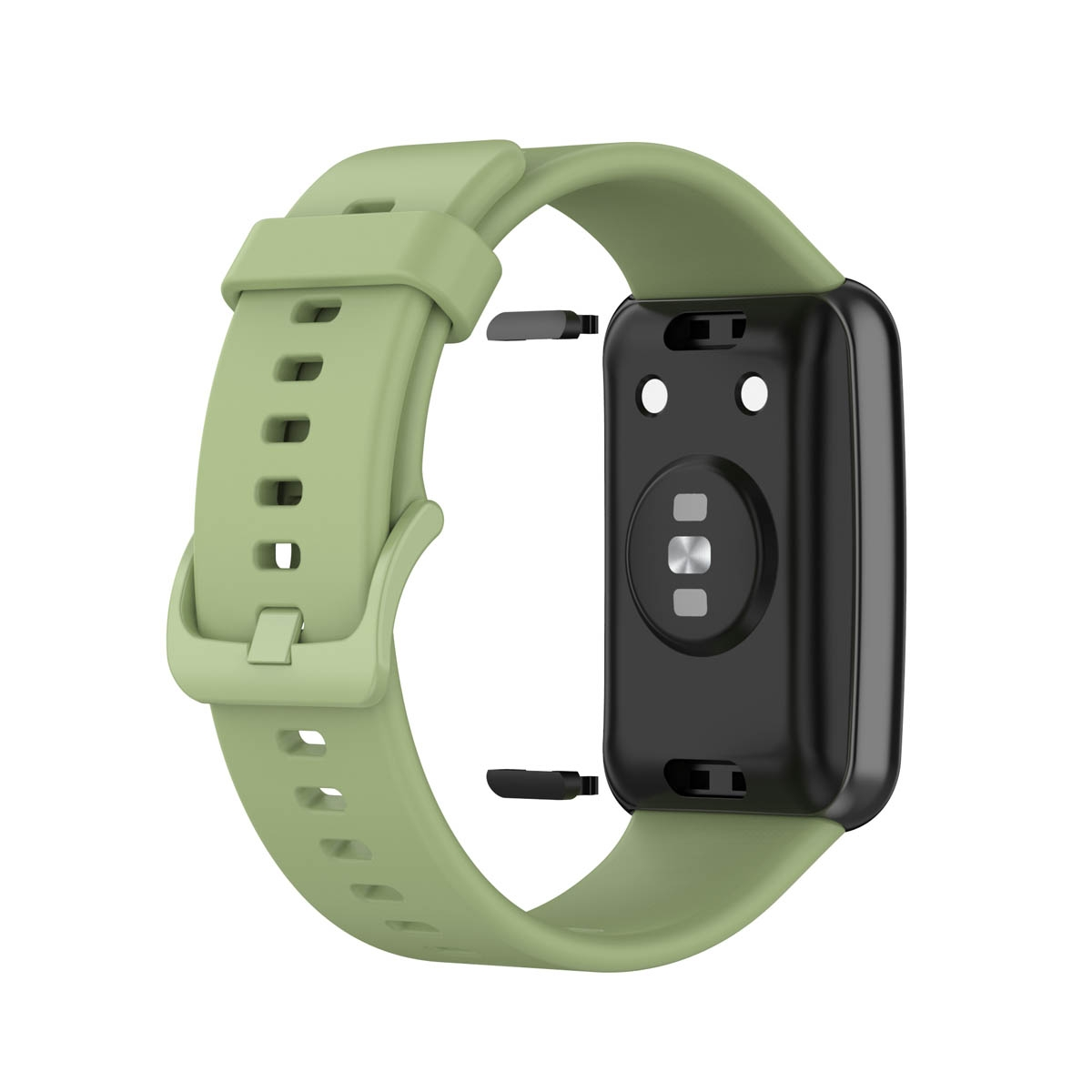 Grünes Uhrenarmband und schwarze Smartwatch.