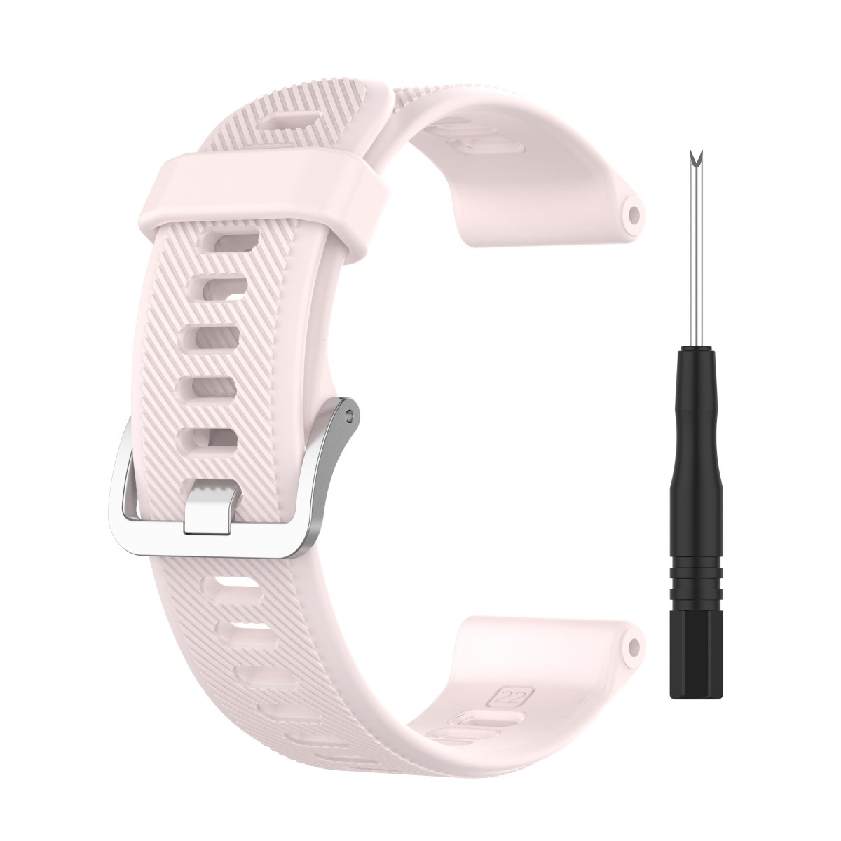 Rosa Uhrenarmband mit Schraubendreher und Metallschnalle auf weißem Hintergrund.