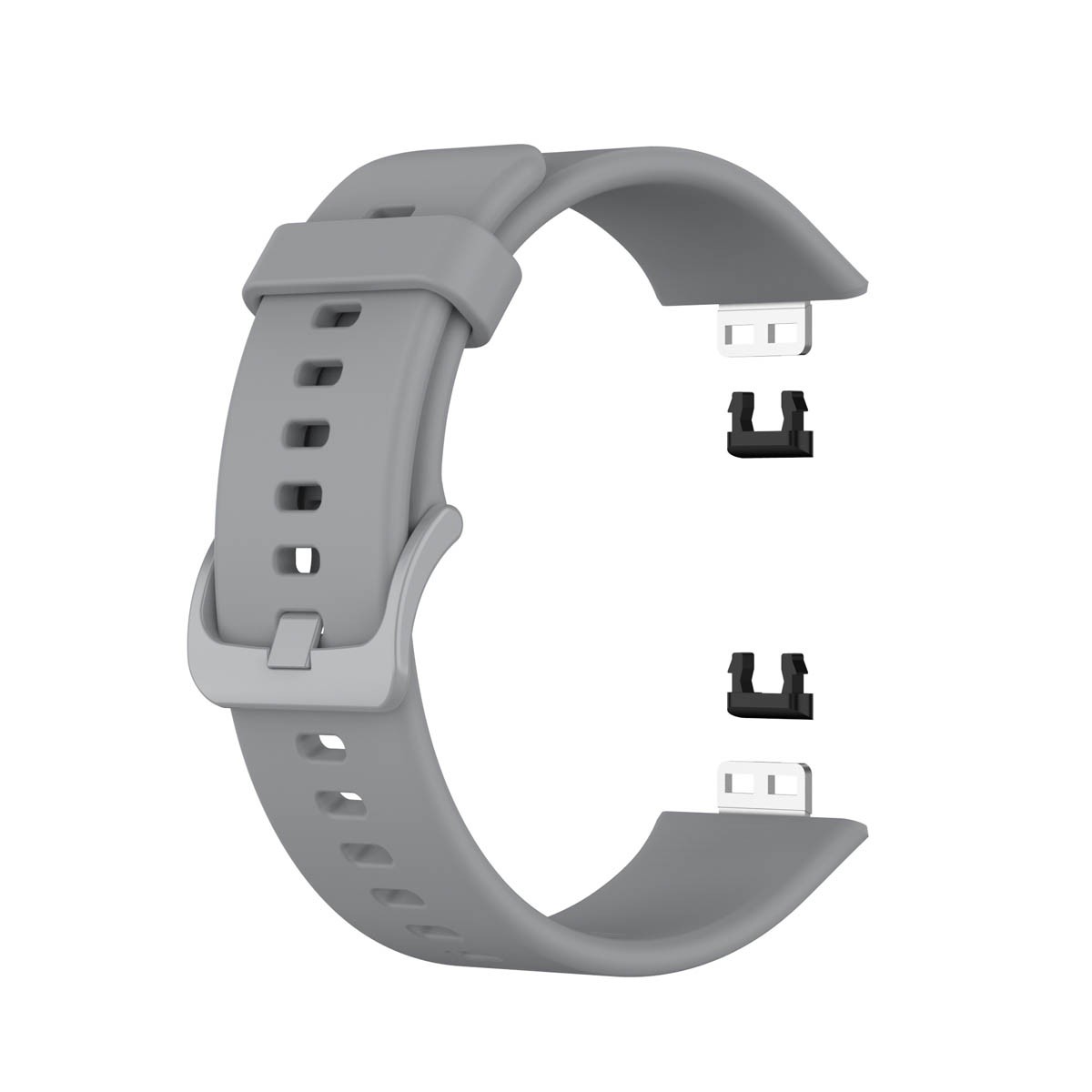 Graues Uhrenarmband mit Schnalle und Stiften. Teile des Armbands sind abgetrennt.