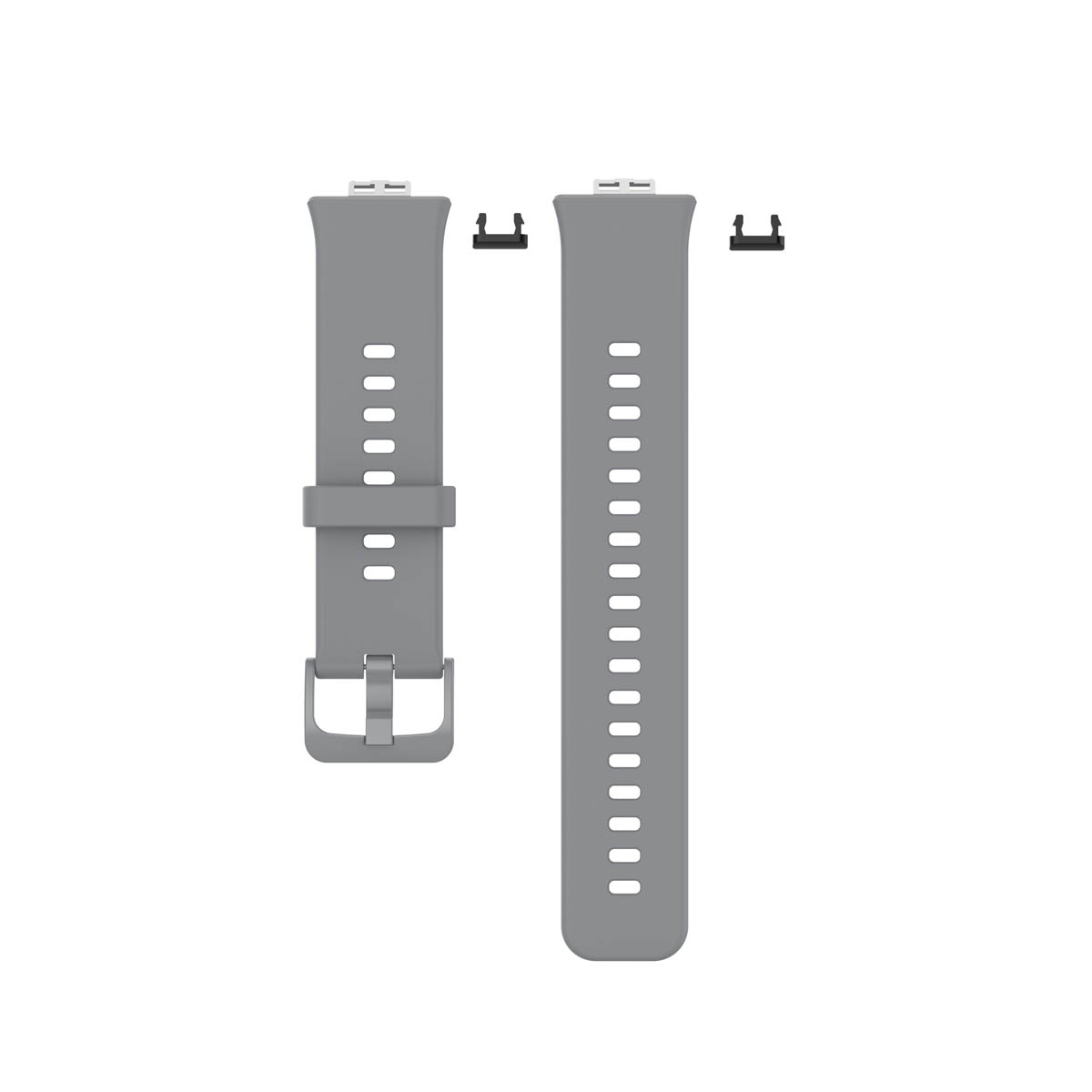Zwei graue Uhrenarmbänder, eines montiert, und zwei schwarze Bandverbinder auf weißem Hintergrund.