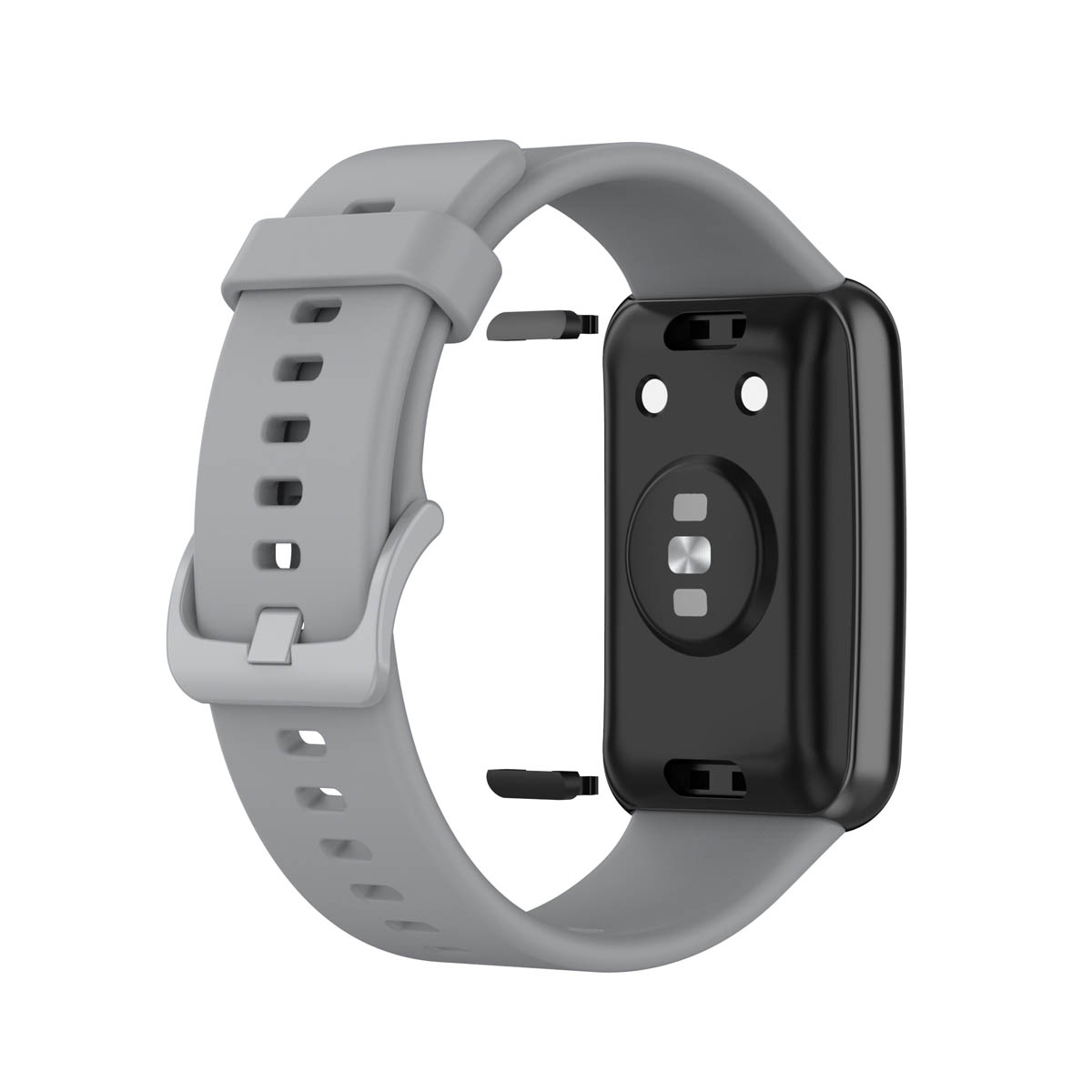 Graues Armband und schwarzes Zifferblatt. Das Band ist verbunden. Weißer Hintergrund.