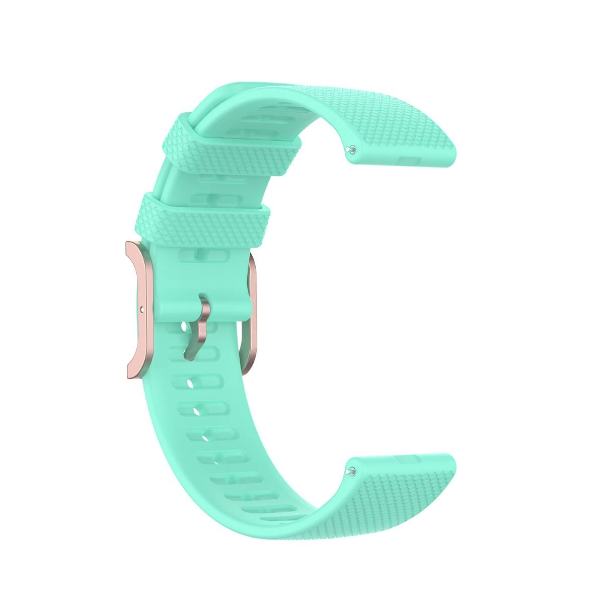 Ein mintgrünes Uhrenarmband mit roségoldenen Akzenten, isoliert auf weißem Hintergrund.