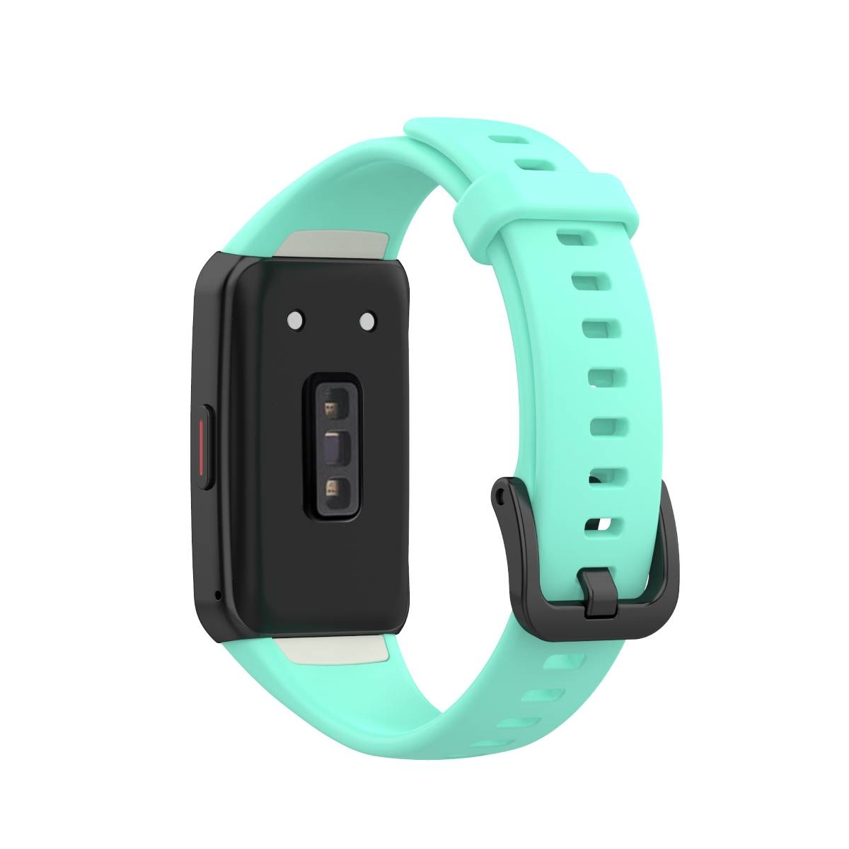 Schwarze und helltürkise Smartwatch mit türkisfarbenem Armband und schwarzem Verschluss.