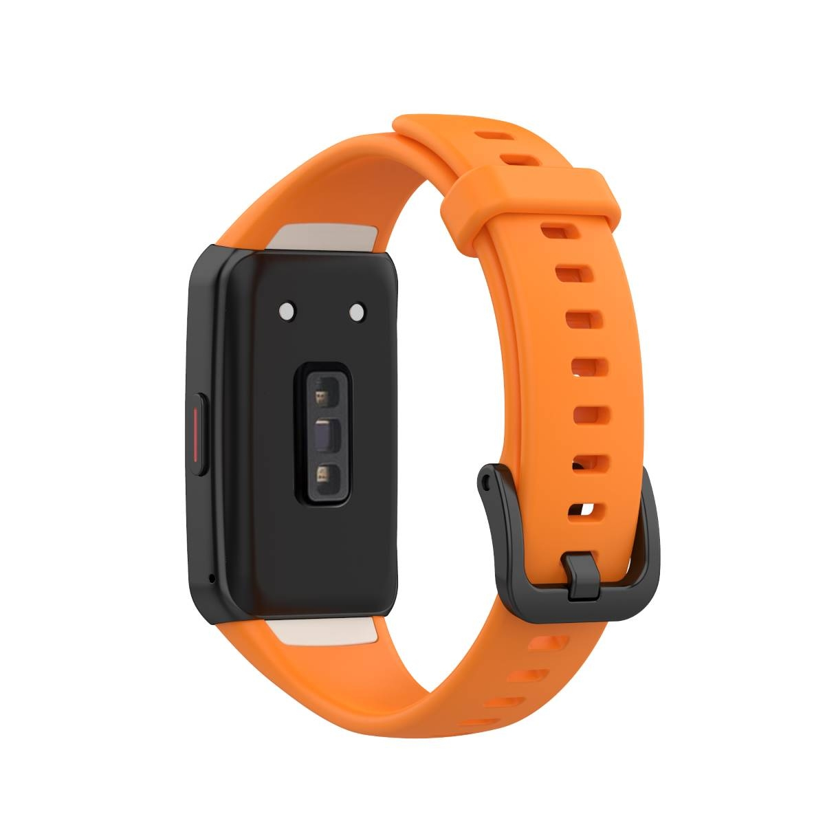 Oranges Smartwatch-Armband mit schwarzem Zifferblatt. Isoliert auf weißem Grund.