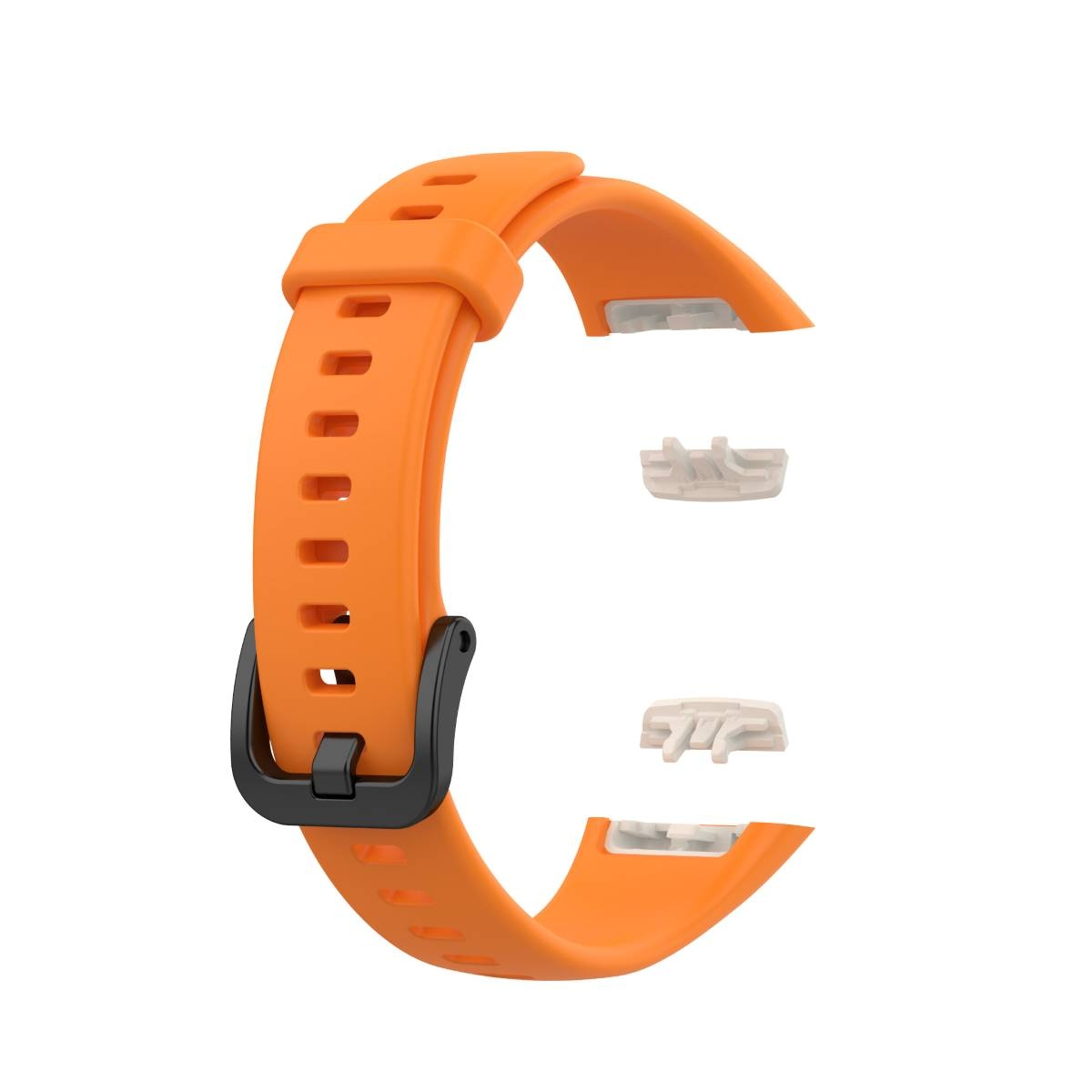 Oranges Uhrenarmband mit weißen Anschlüssen. Nahaufnahme mit Banddetails.