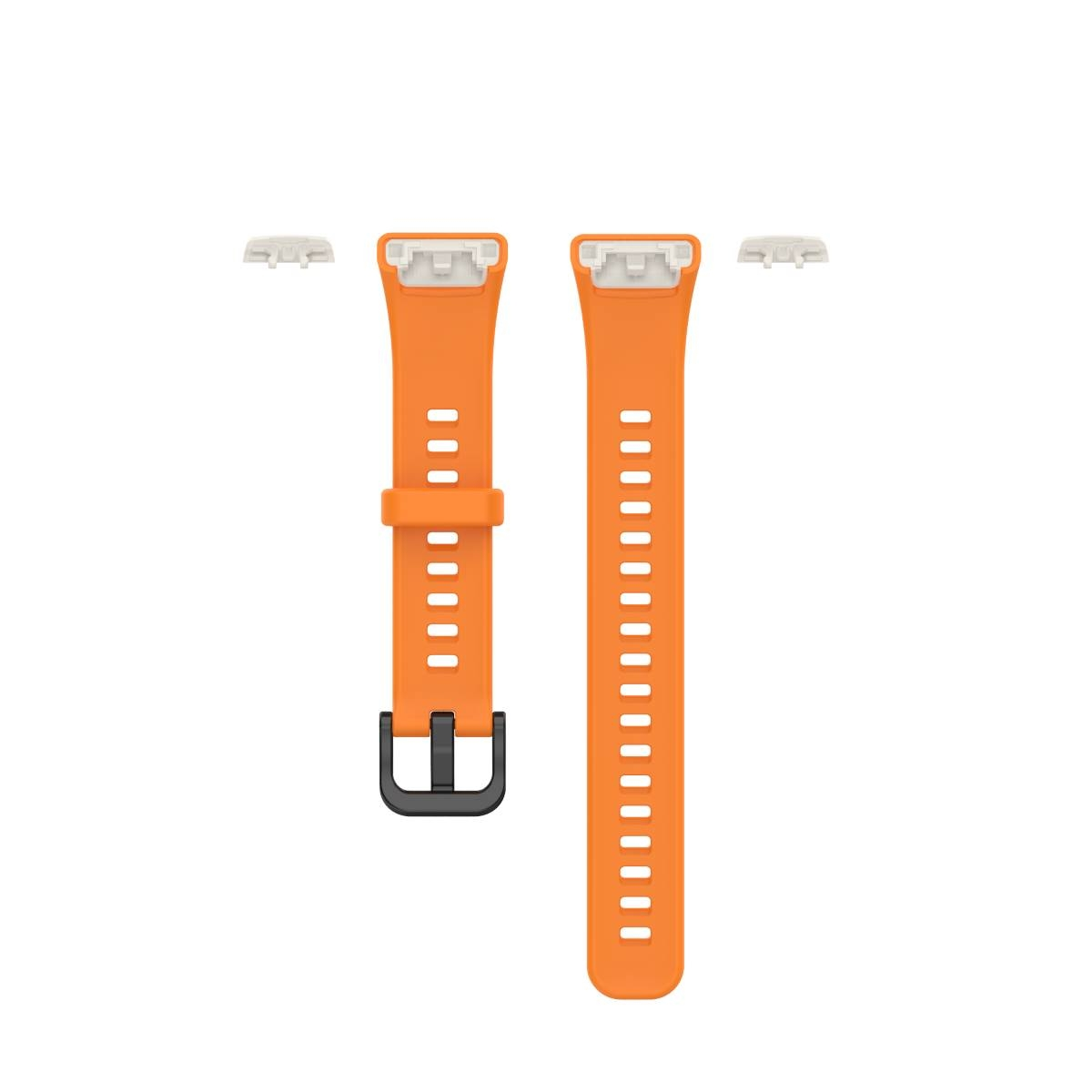 Orangene Uhrenarmbänder. Schwarze Schnalle. Weiße Befestigungsteile. Löcher zur Anpassung.