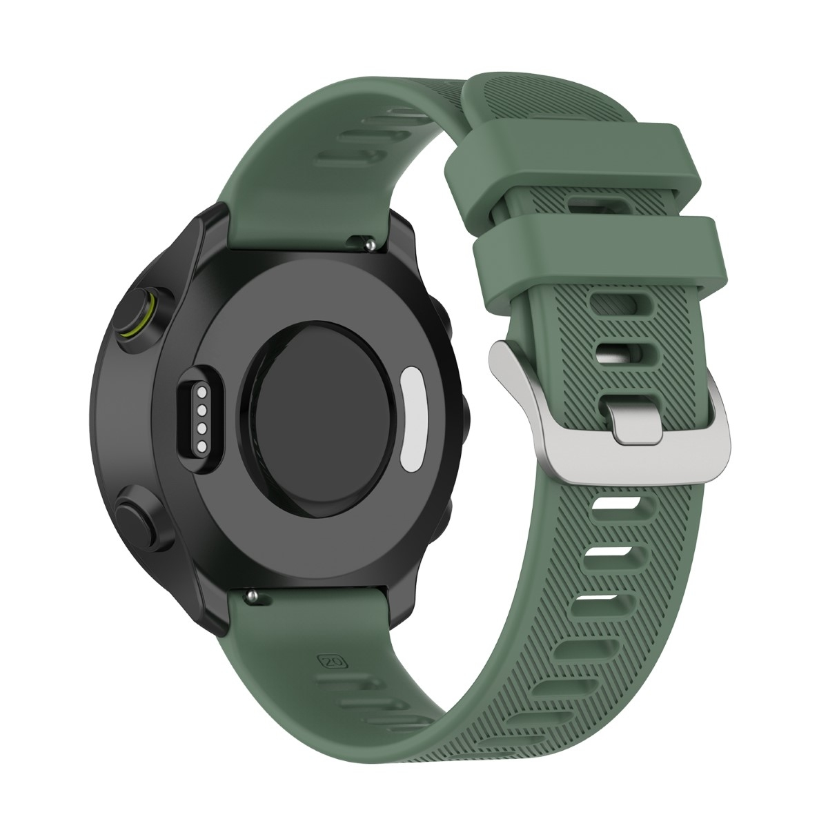 Grünes Uhrenarmband. Ein grünes Uhrenarmband an einer schwarzen Uhr befestigt.