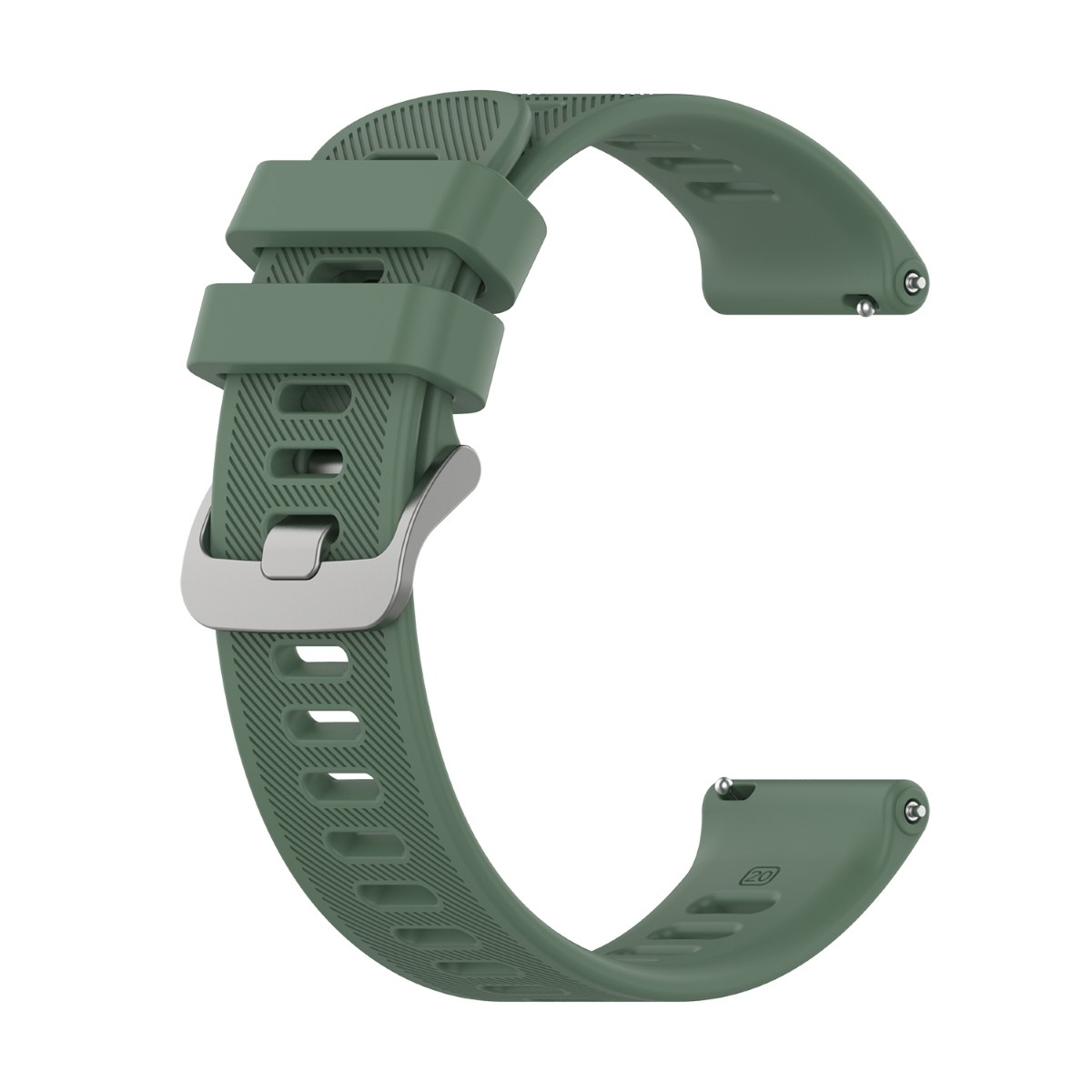 Grünes Smartwatch-Armband mit silberner Schließe, auf weißem Hintergrund gebogen. Das Band hat Linien.