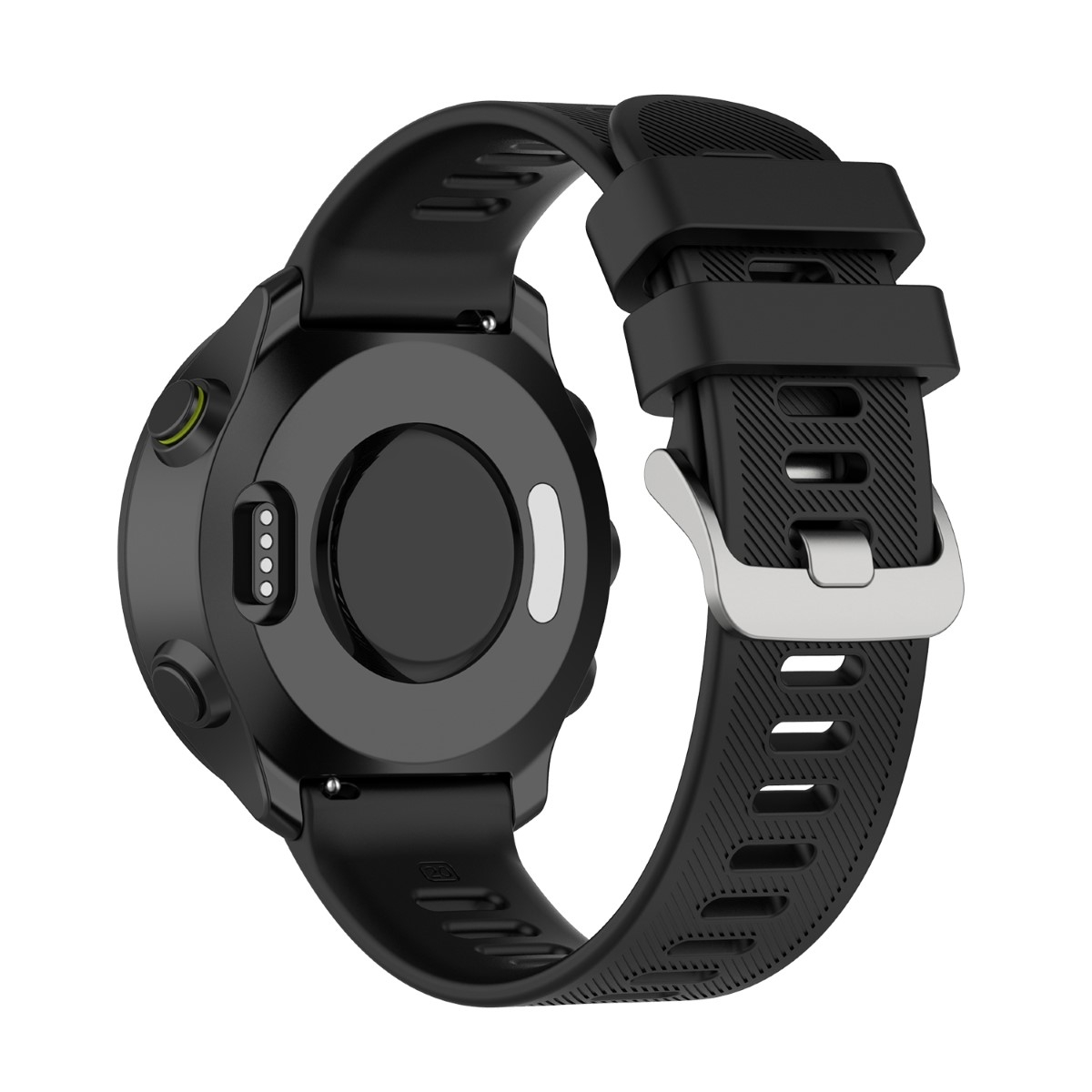 Schwarze Smartwatch von hinten mit schwarzem Armband. Das Armband ist mit der Uhr verbunden.