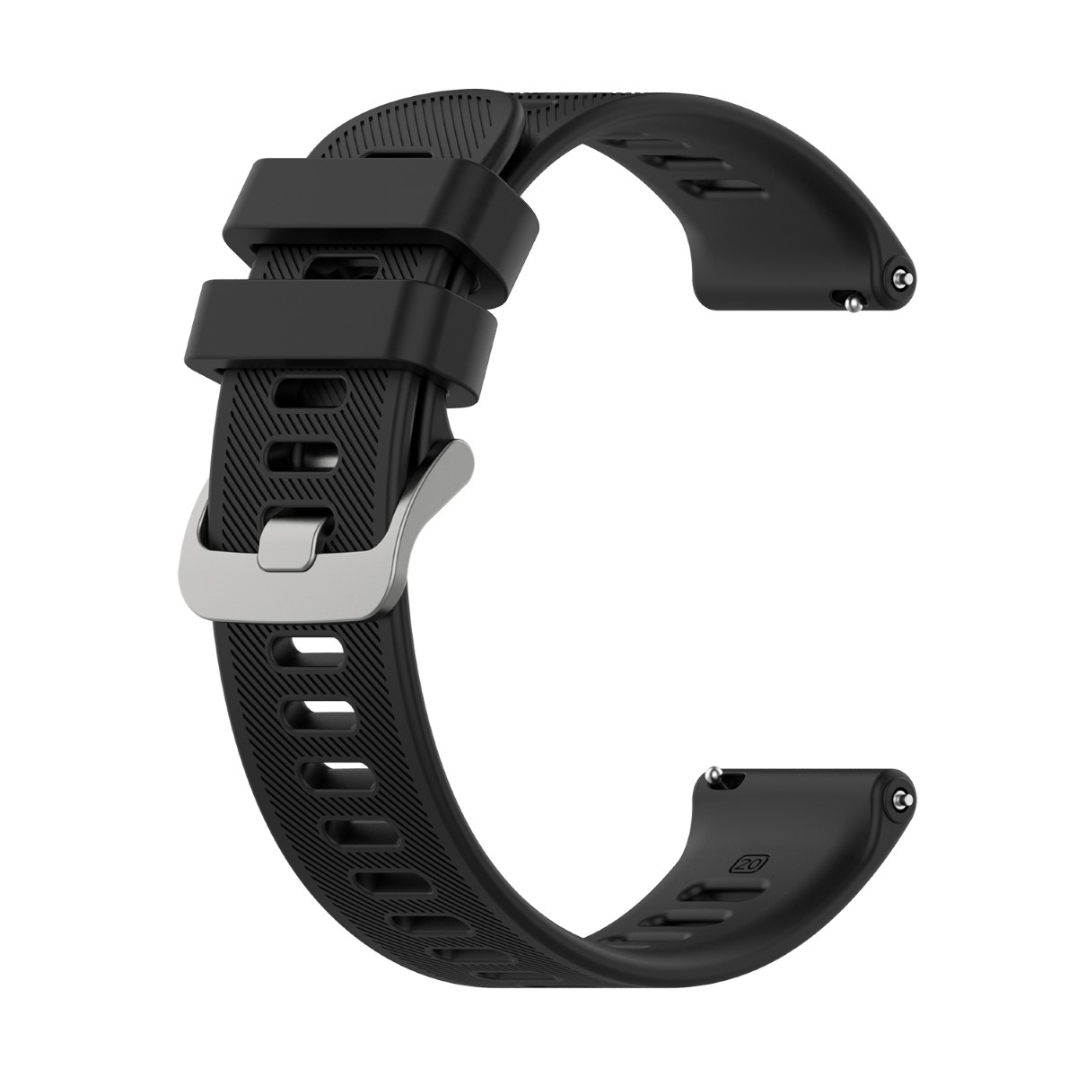 Schwarzes Uhrenarmband mit silberner Schnalle, strukturiertem Band und geschwungenem Design.