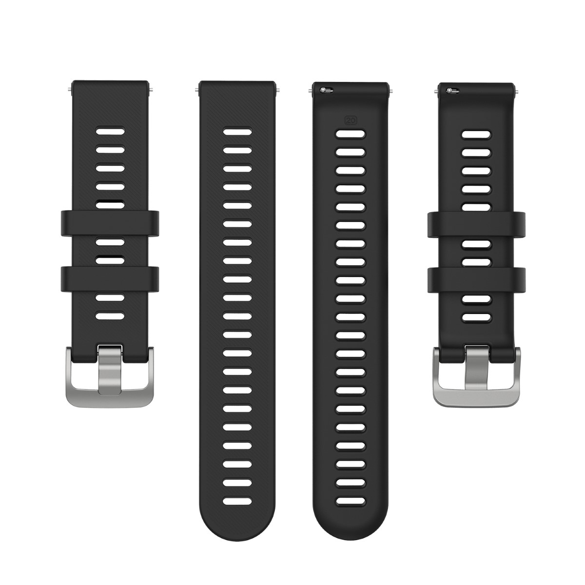 Vier schwarze Uhrenarmbänder, zwei mit Löchern und zwei mit silbernen Schnallen, vor weißem Hintergrund.