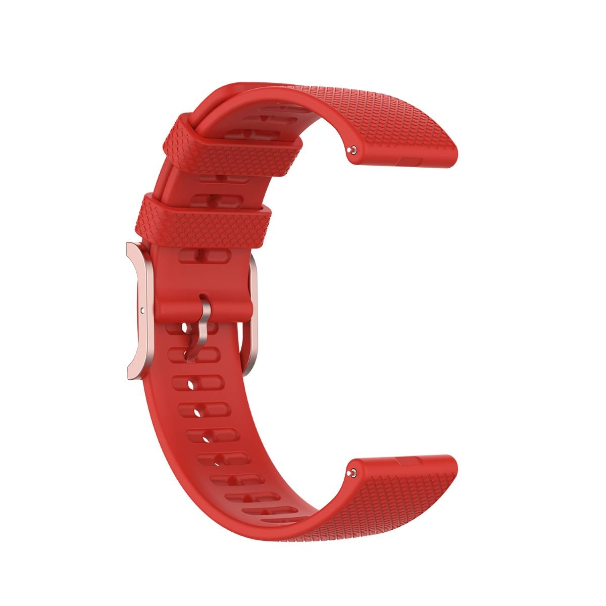 Rotes Uhrenarmband mit Schnalle. Strukturierte Oberfläche. Silberne Schnalle. Weißer Hintergrund.