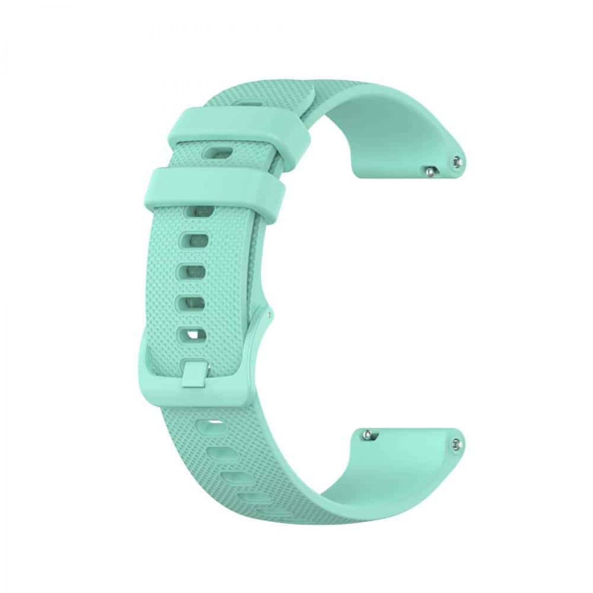 Mintgrünes Uhrenarmband. Es hat Löcher und einen Verschluss. Es ist vor weißem Hintergrund.