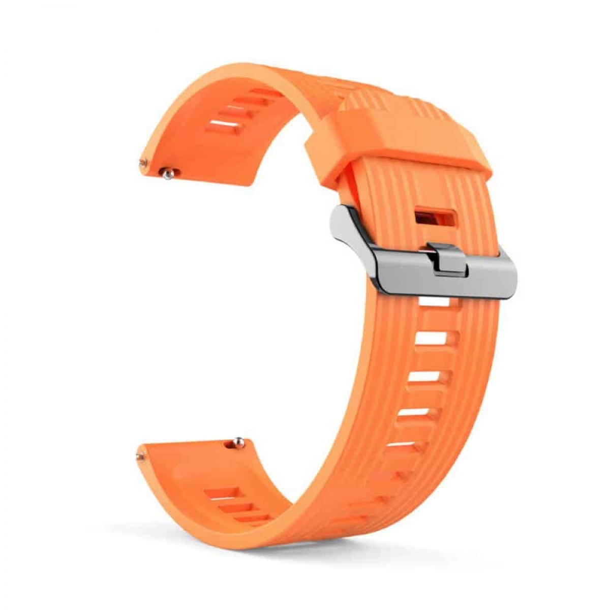 Orangefarbenes Uhrenarmband mit silberner Schnalle, isoliert auf weißem Hintergrund.