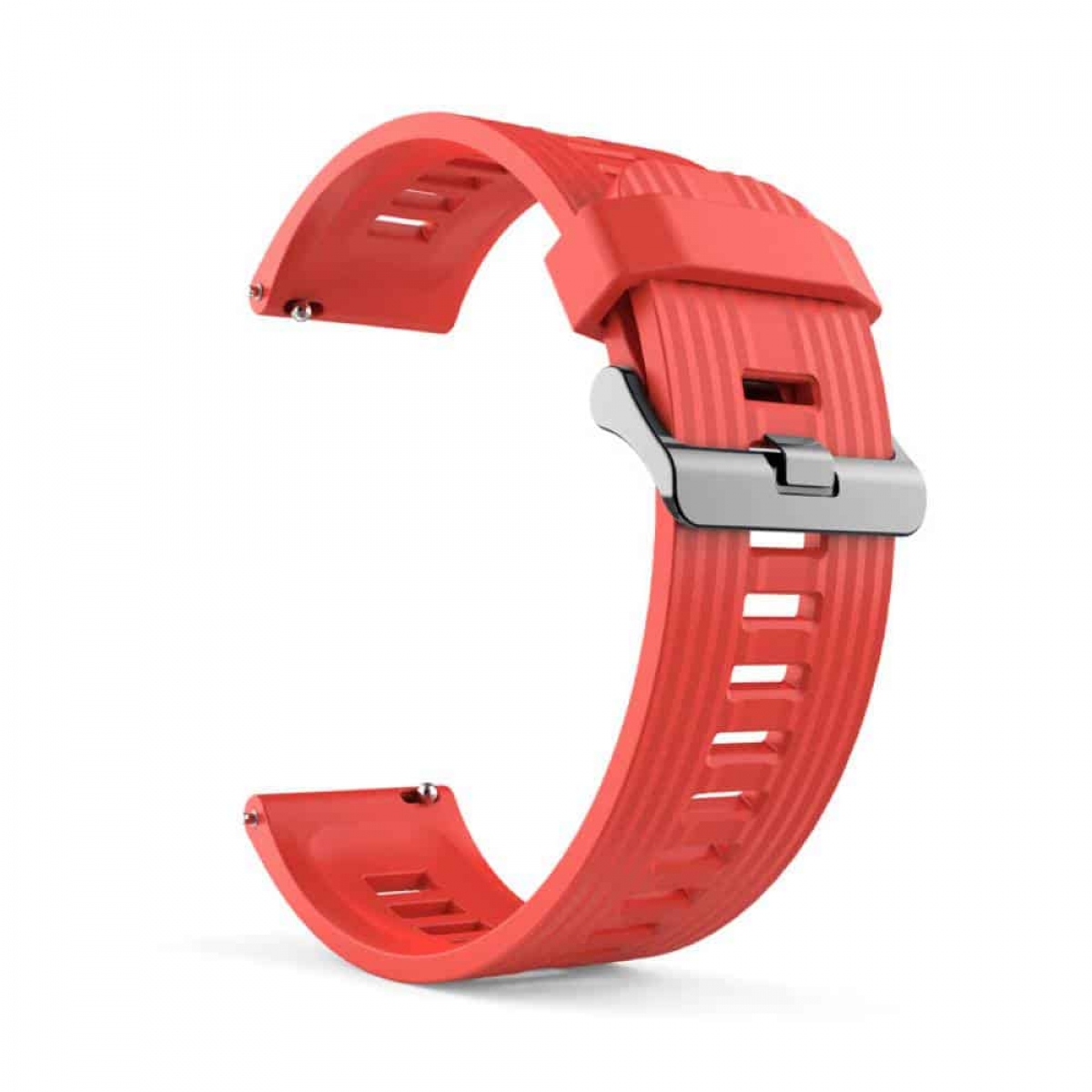 Hellrotes Uhrenarmband mit silberner Schnalle. Das Armband hat ein strukturiertes, geriffeltes Design.