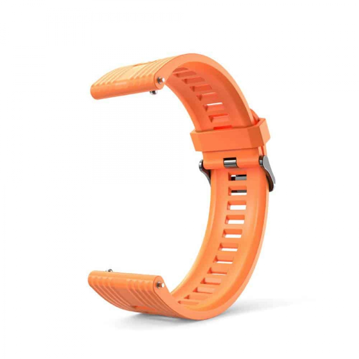 Ein orangefarbenes Armband mit einer Schnalle. Das Armband hat ein strukturiertes Design mit Aussparungen.