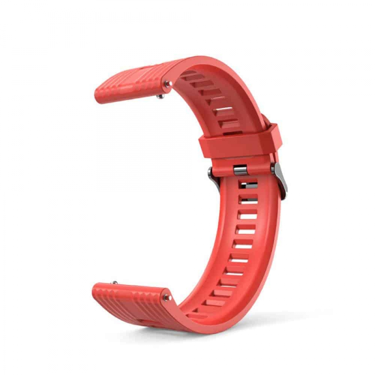 Rotes Uhrenarmband mit schwarzer Schnalle, in C-Form.