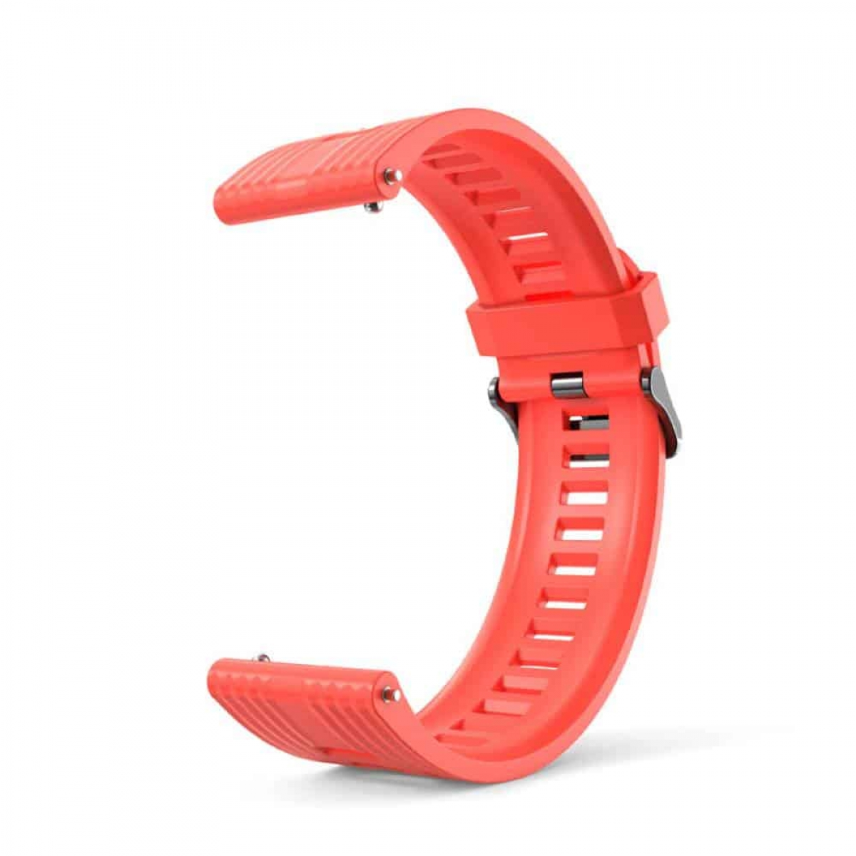 Rotes Uhrenarmband. Es hat vertikale Linien für das Design, mit einer silbernen Schnalle.
