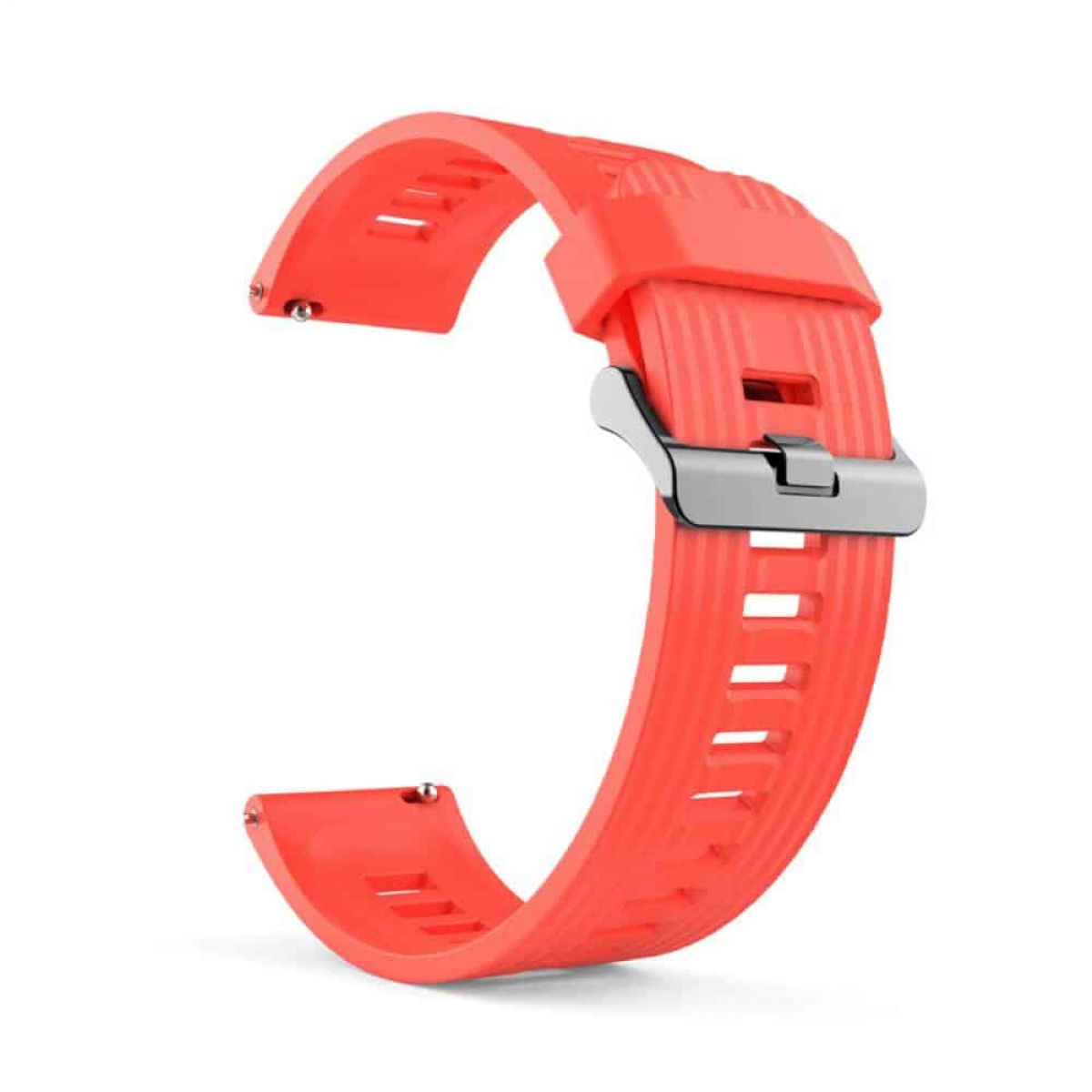 Ein orangefarbenes Uhrenarmband mit einer silbernen Schnalle. Isoliert auf weißem Hintergrund.