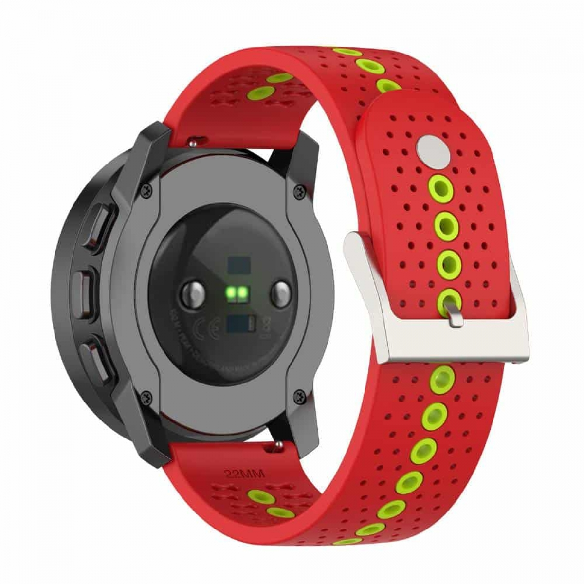Rückseite einer Smartwatch mit rotem Armband. Zeigt Sensor und rote und grüne Farben.