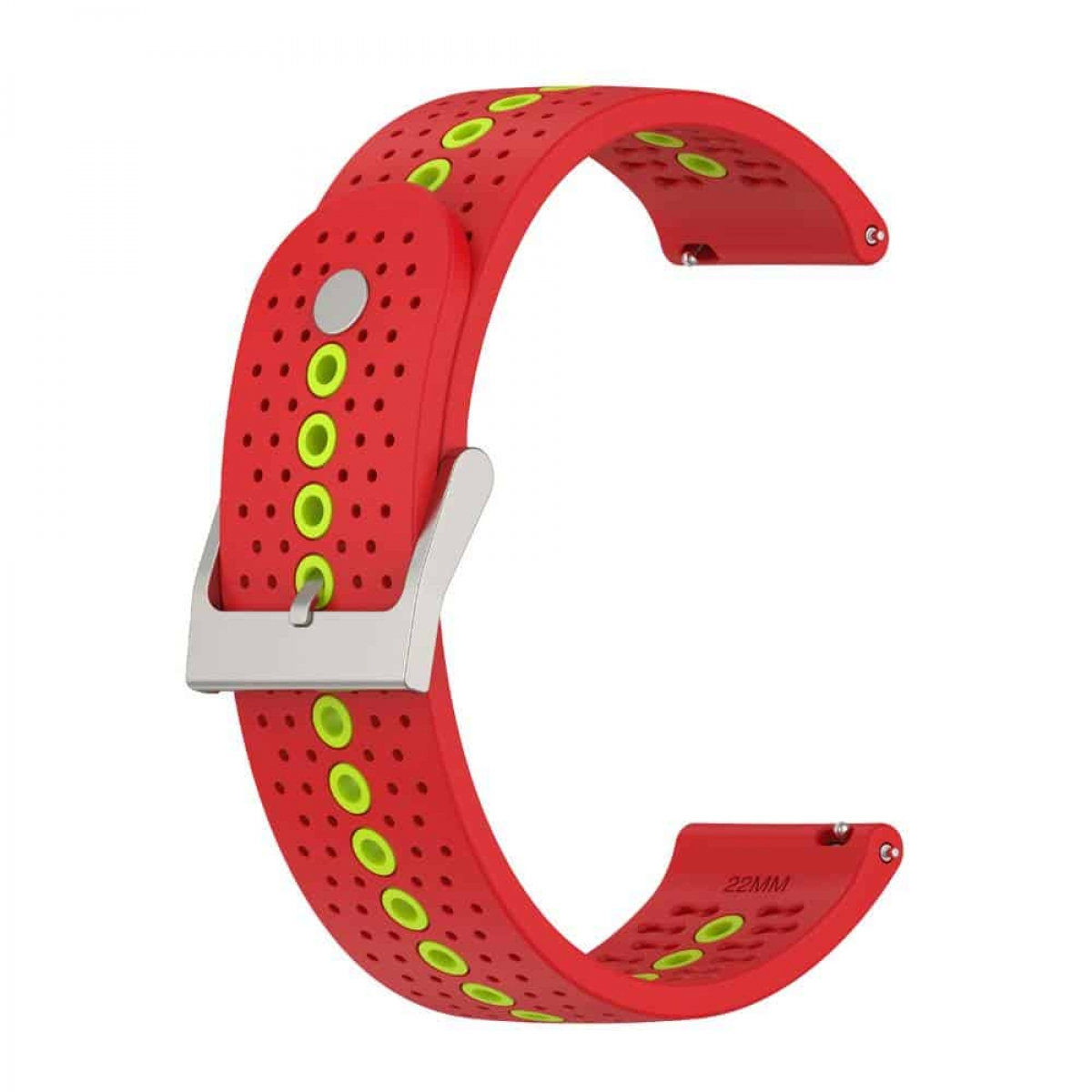 Rotes Uhrenarmband mit grünen Kreisdetails und silberner Schnalle. Es hat ein gebogenes Design.