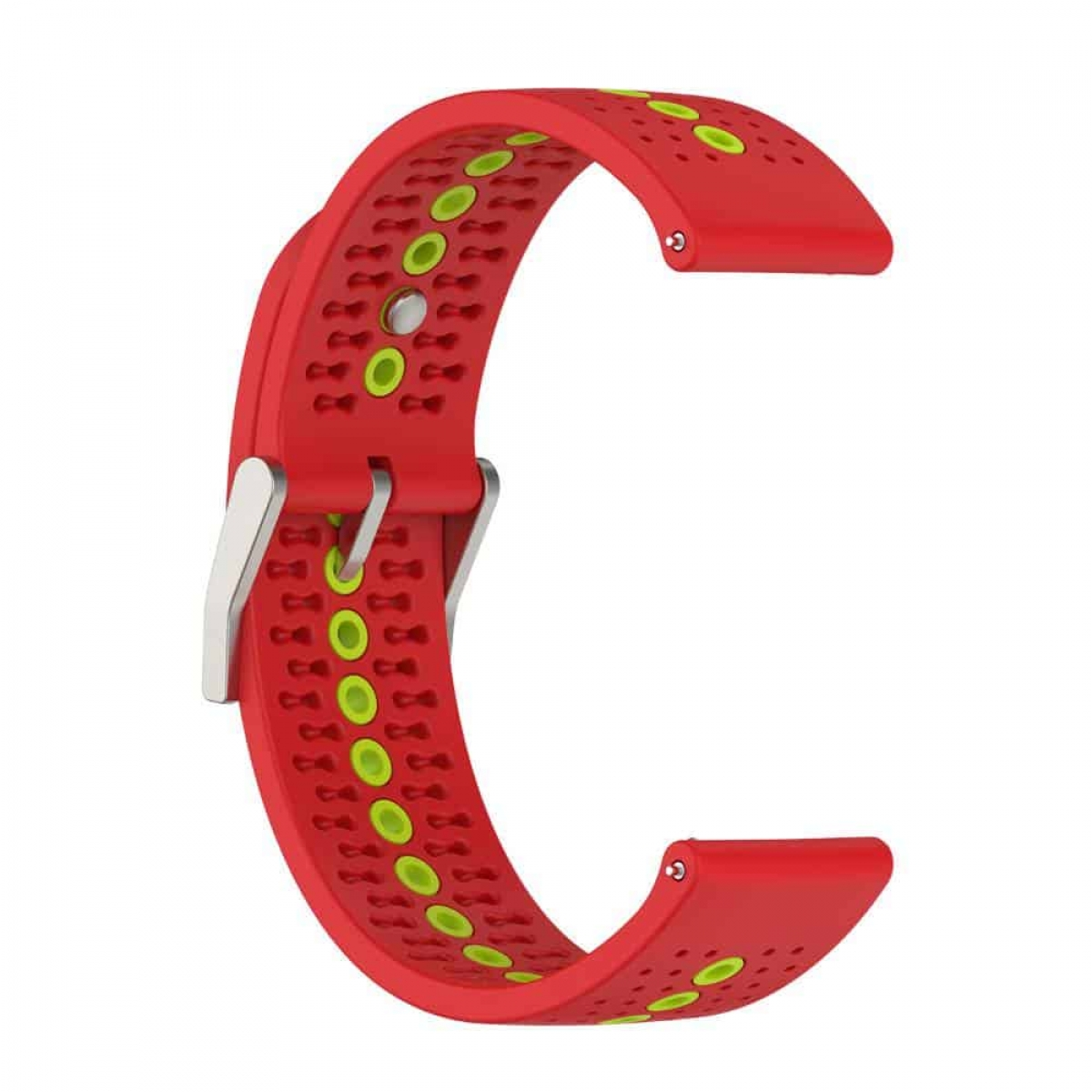 Rotes Armband mit grünen Kreisen. Silberne Schließe. C-förmig. Zum Anbringen an einer Uhr.