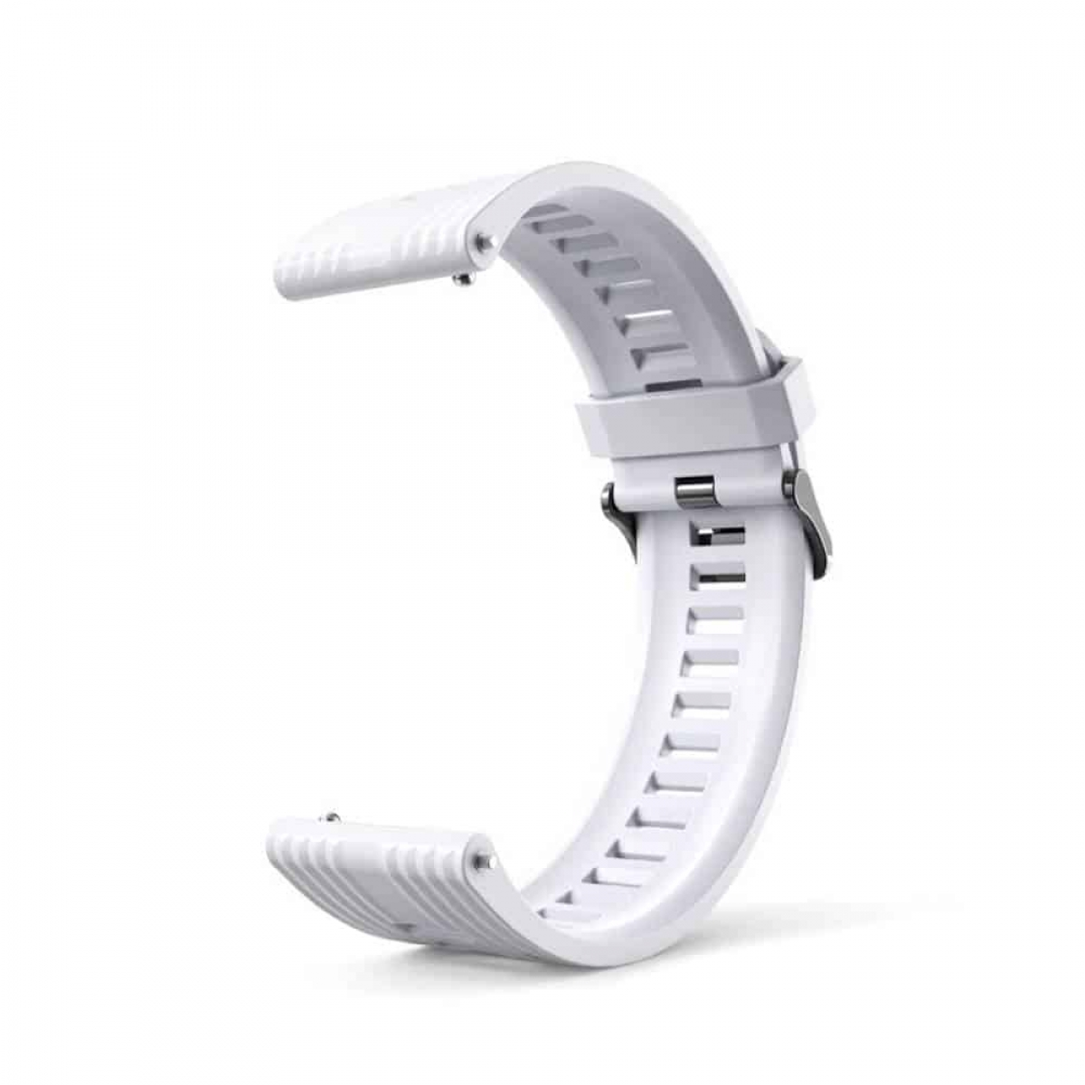 Weißes Uhrenarmband. Es hat eine Schnalle und mehrere Löcher zur Anpassung. Das Armband ist gebogen.