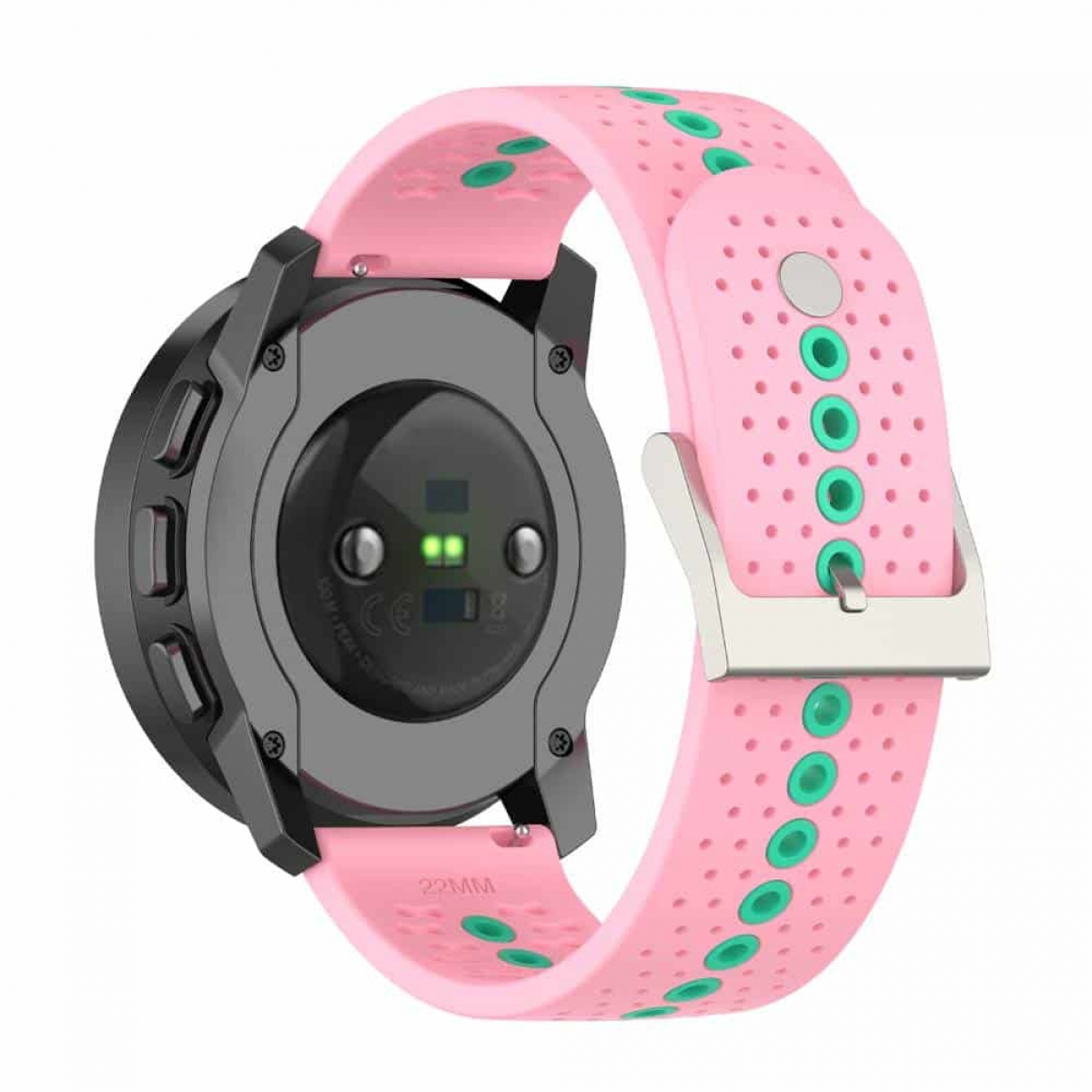 Rosa Uhrenarmband mit grünen Punkten an der Rückseite einer schwarzen Uhr befestigt. Uhr sichtbar.