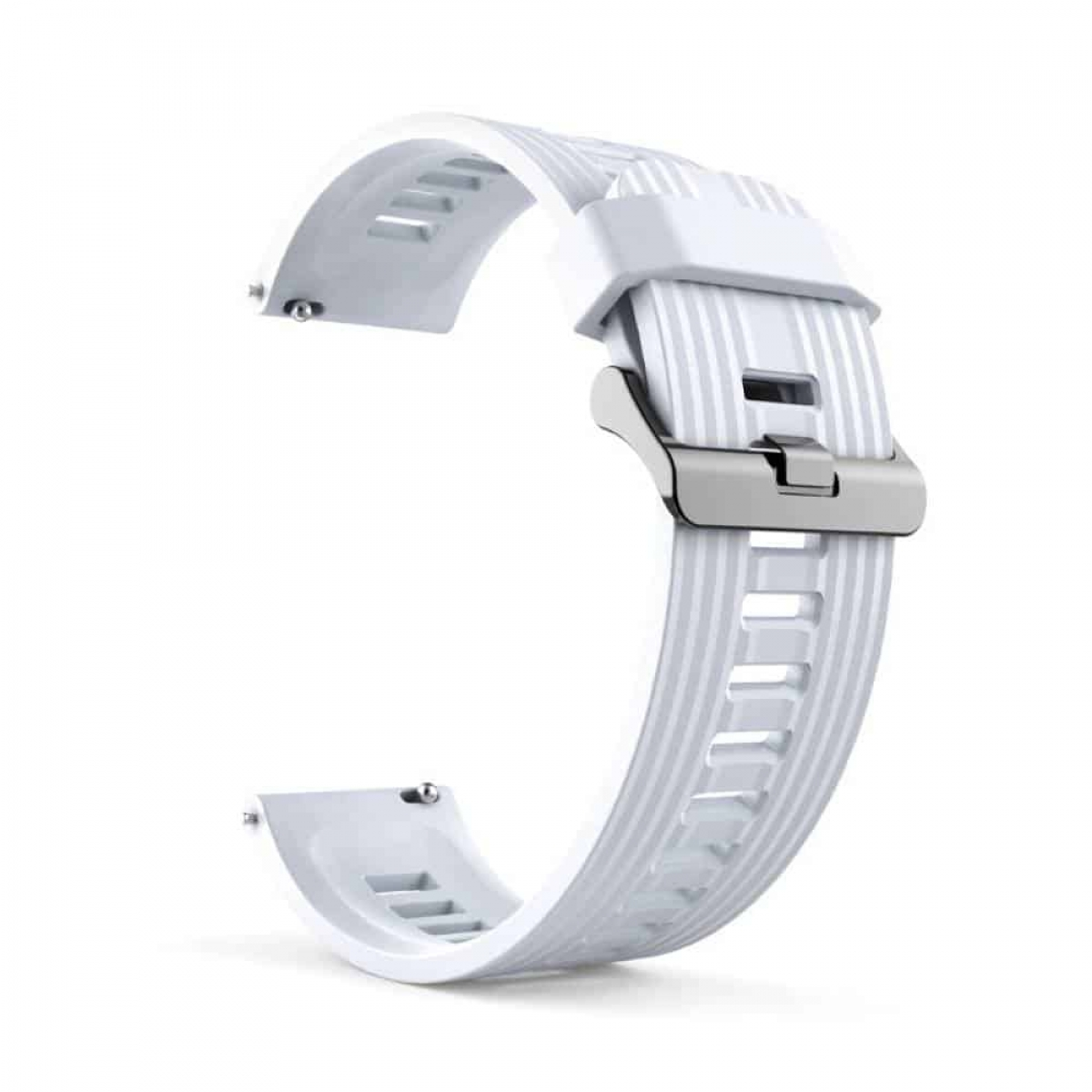 Weißes Smartwatch-Armband mit Schnalle und Rillen. Das Band ist gebogen.