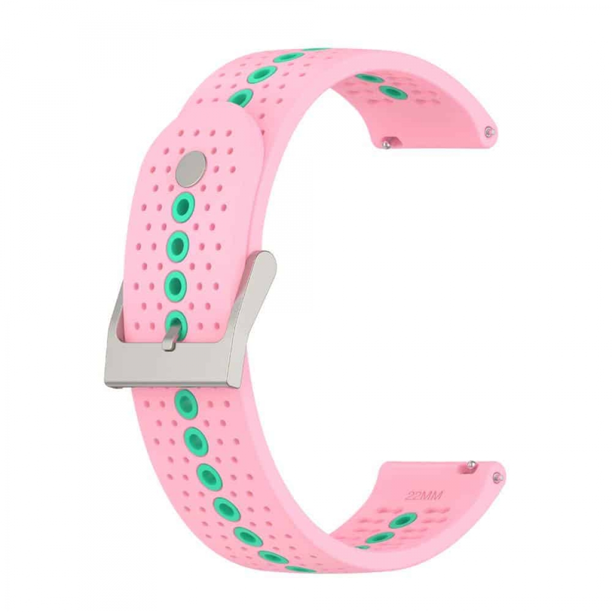 Ein rosafarbenes Uhrenarmband mit grünen, perforierten Löchern, silberner Schnalle und gebogener Form.