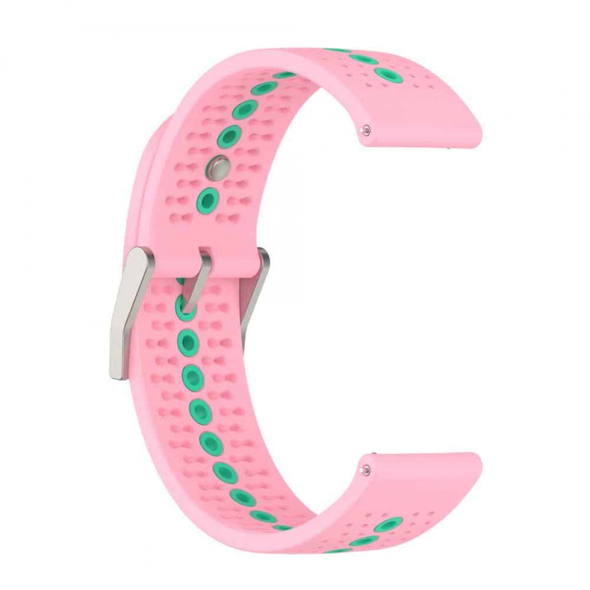 Rosa Smartwatch-Armband mit grünen Details. Es hat Löcher und eine silberne Schnalle.