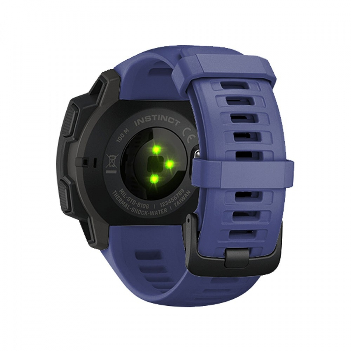 Schwarze Smartwatch mit dunkelblauem Armband. Die Rückseite der Uhr ist sichtbar.
