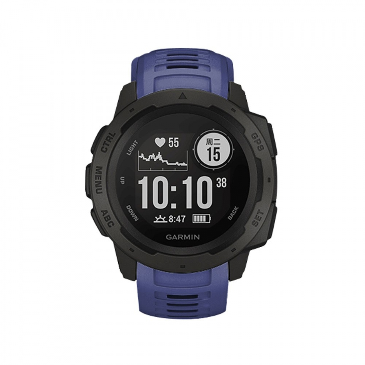 Eine Garmin-Uhr mit schwarzem Gehäuse, blauem Armband und einem Bildschirm mit Zeit- und Gesundheitsdaten.