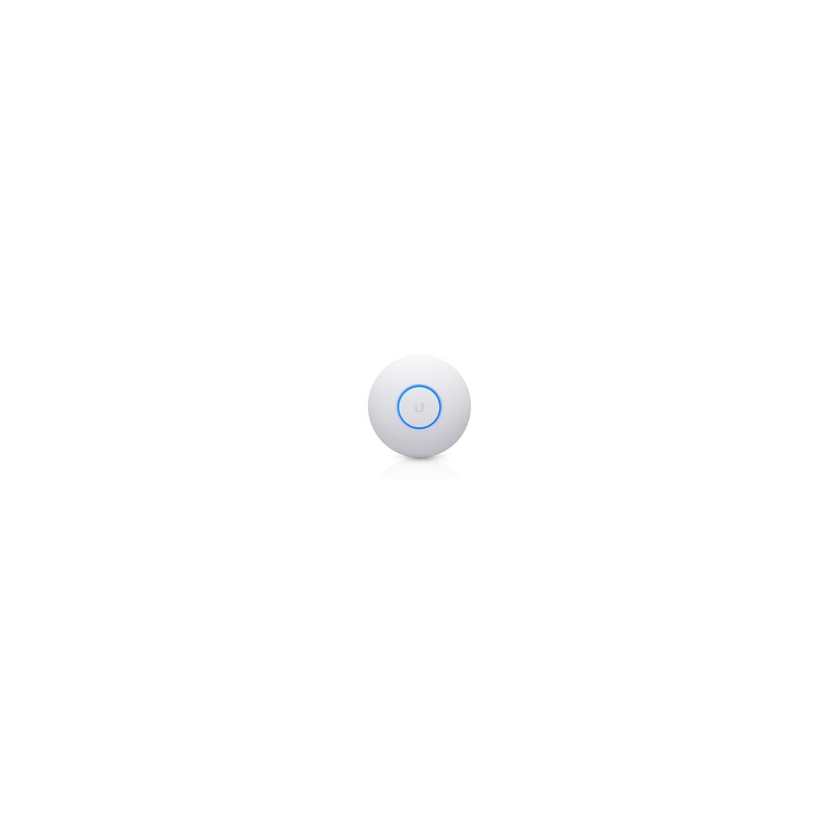 Un dispositivo circolare bianco con un anello di luce blu attorno a un logo U centrale.
