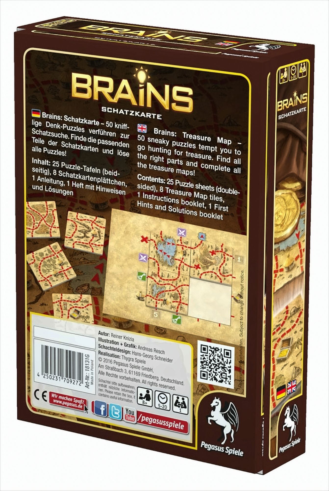 Schachtel eines Brettspiels, "BRAINS". Es hat Karten, Anweisungen und Schatztruhen-Themen.