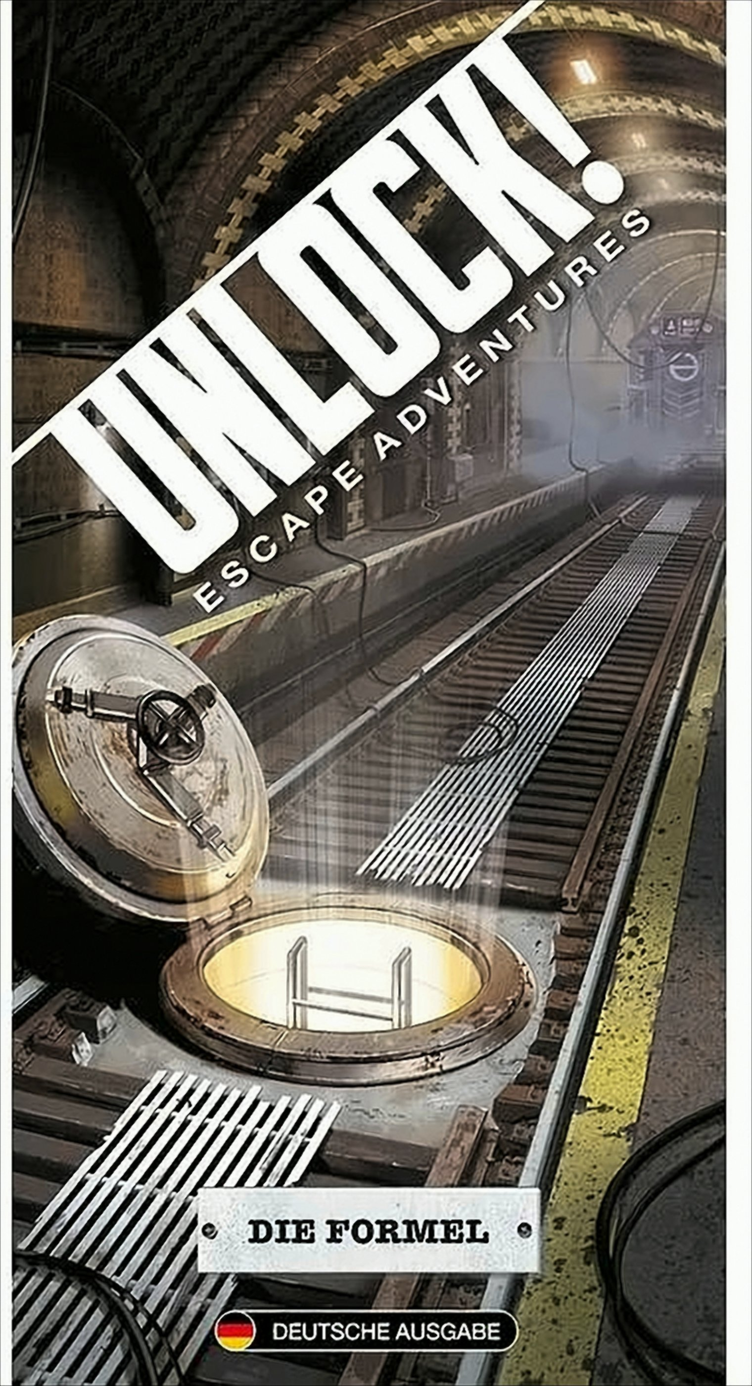 Eine Brettspielbox mit Text und einem Bild von einem Tunnel und einer Tür.