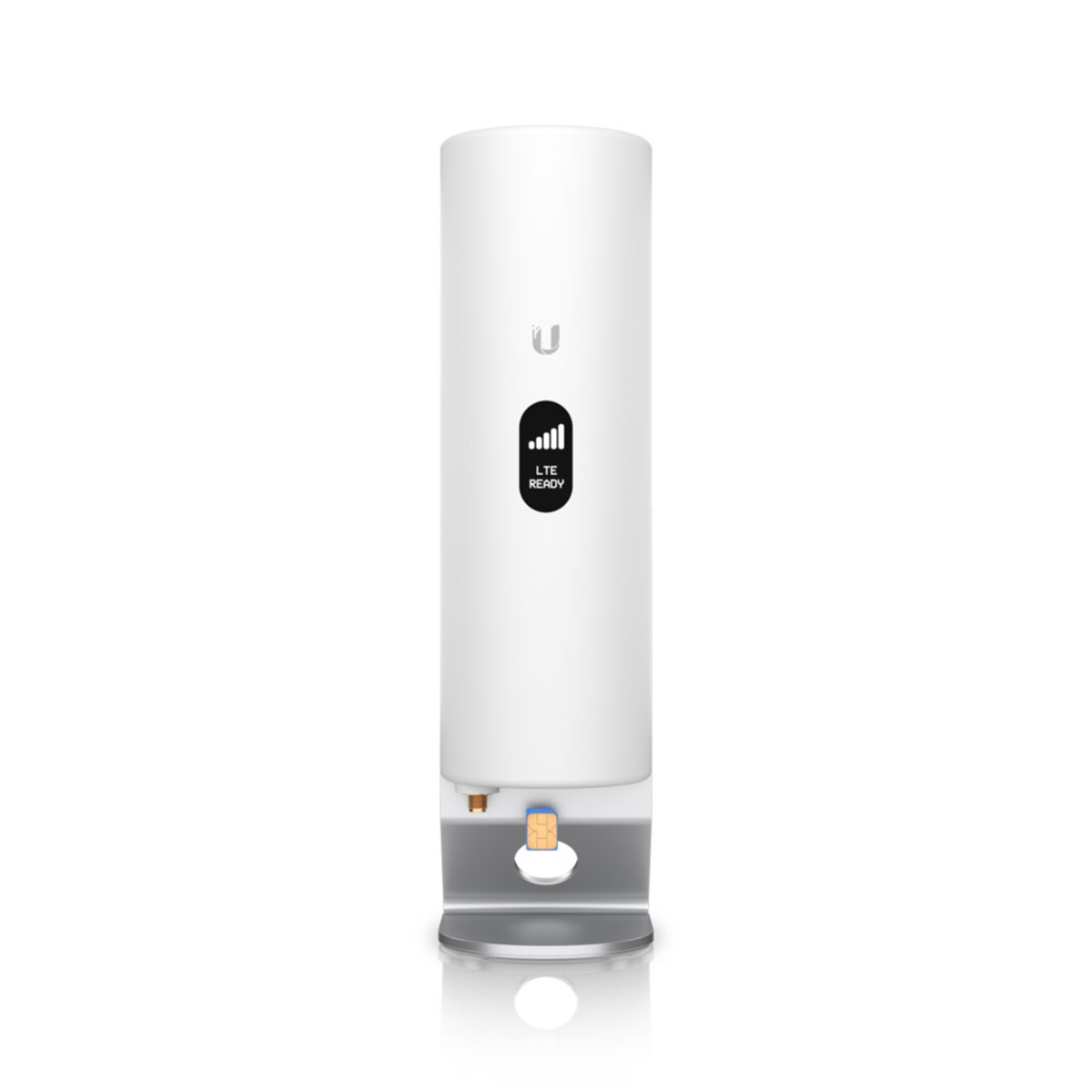 Antenna LTE bianca con display nero LTE READY. Poggia su una base d'argento.