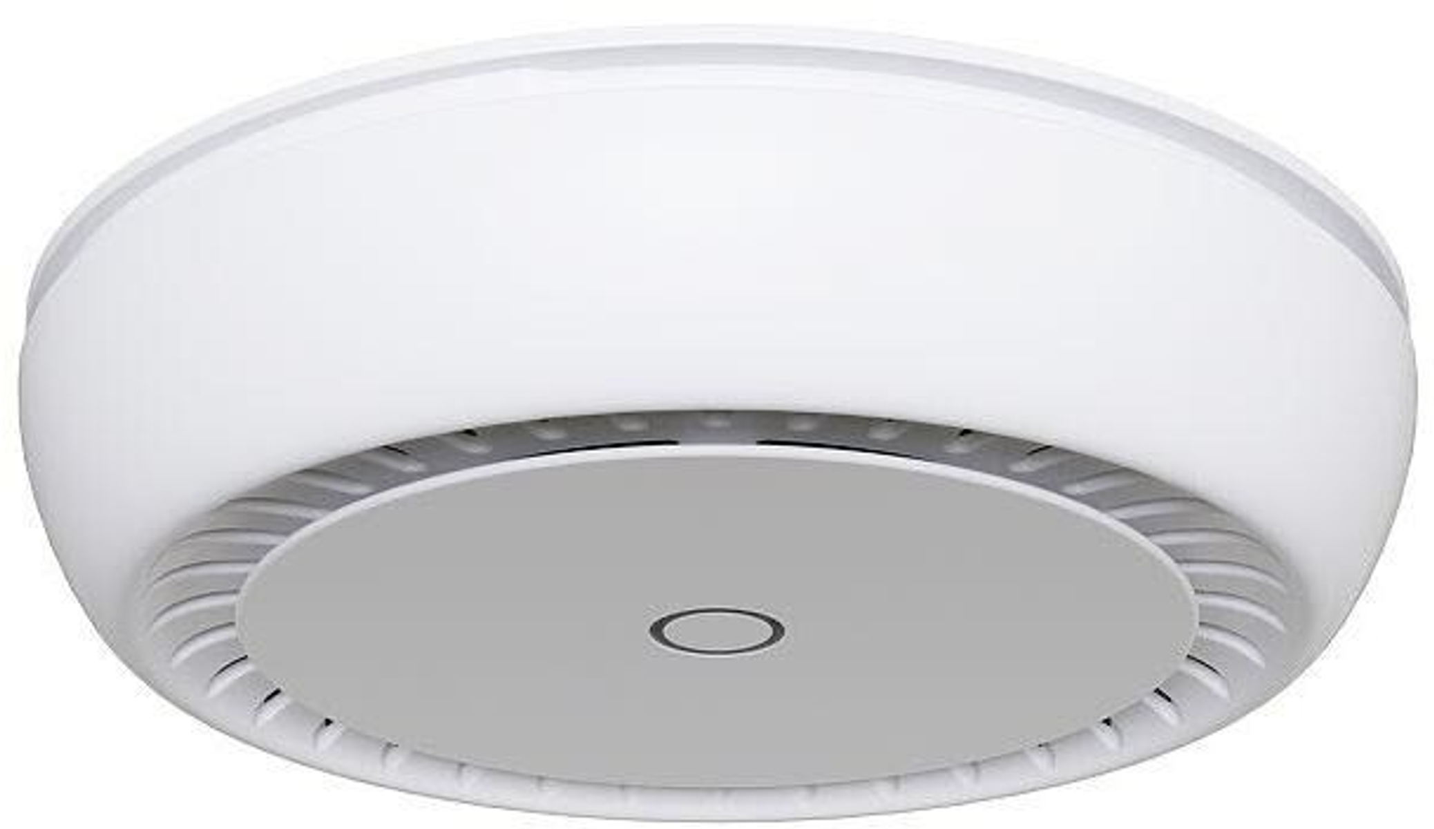 Biały, okrągły punkt dostępowy montowany na suficie z szarym środkiem i otworami wentylacyjnymi.
