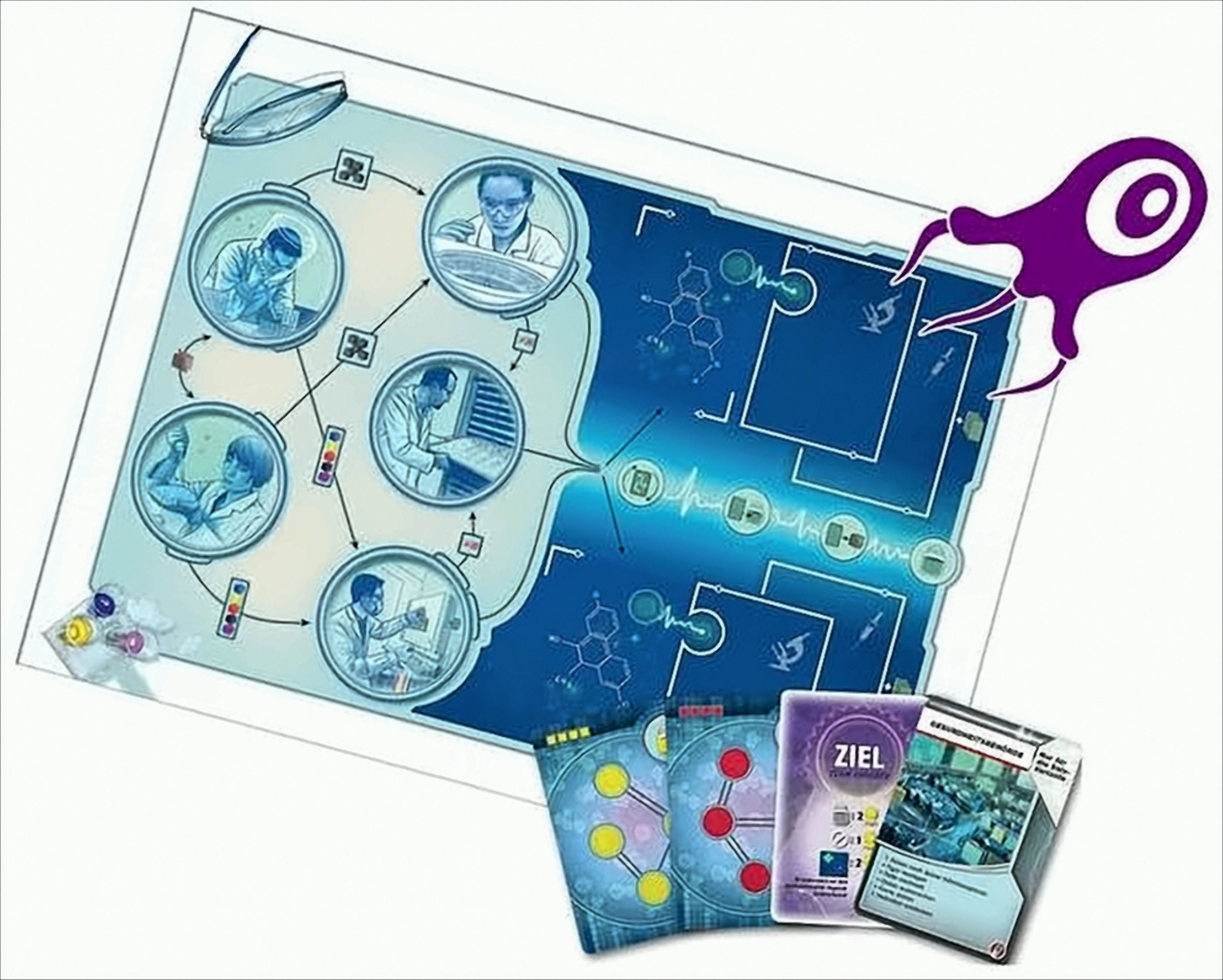 Ein Brettspiel mit blauem Hintergrund und Karten mit Wissenschaftler-Illustrationen und einem lila Virus.