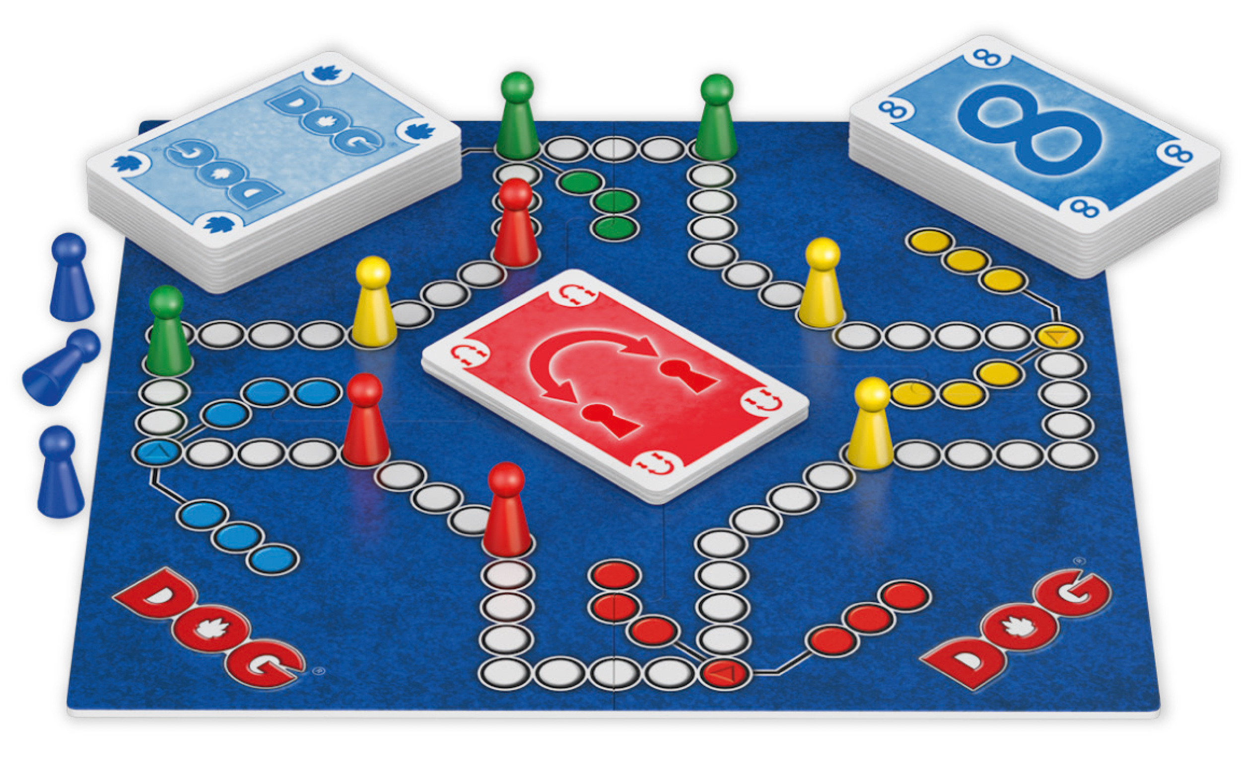 Brettspiel 'DOG' mit Karten, Spielfiguren und einem Spielbrett. Karten zeigen Zahlen und einen Richtungs-Pfeil.