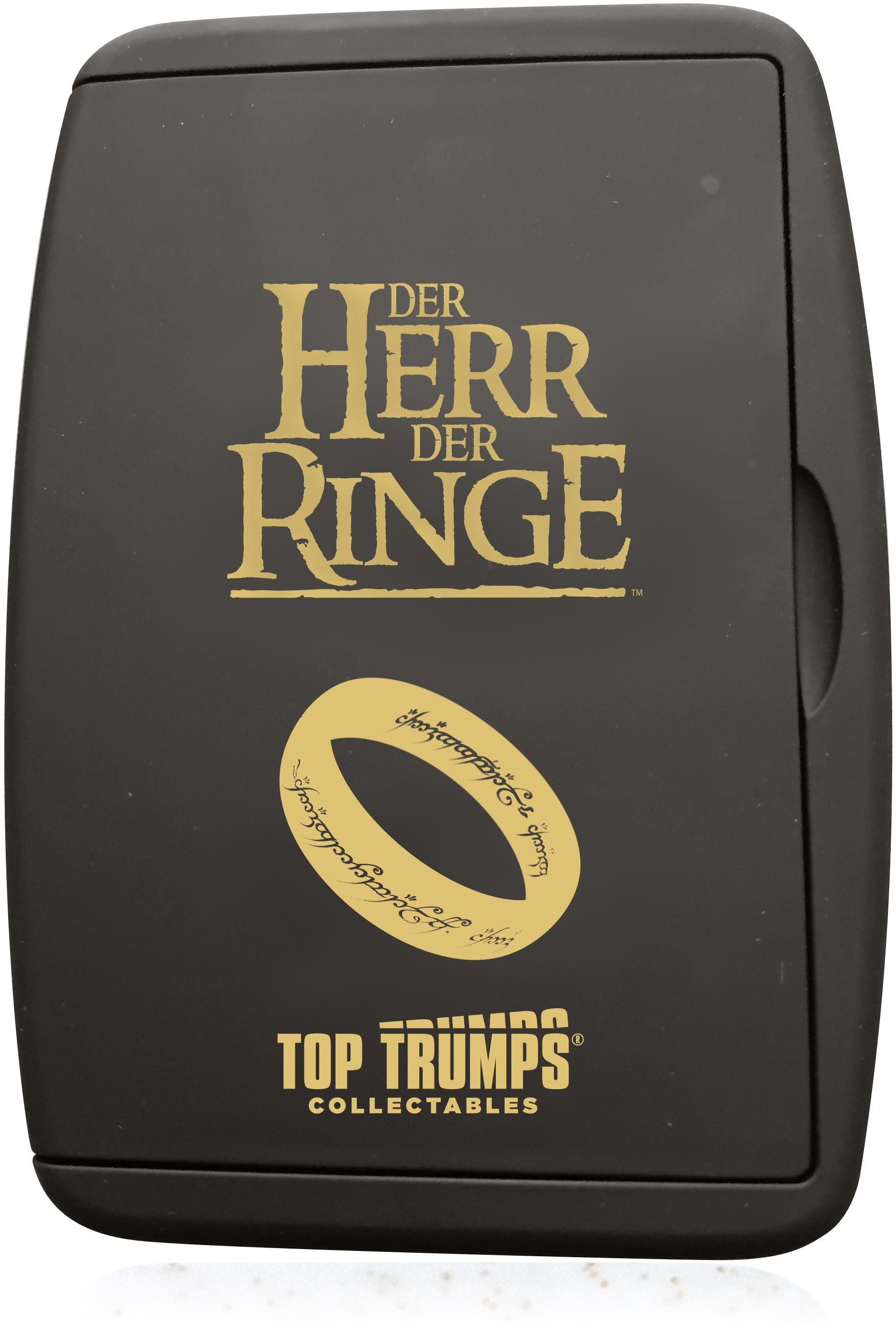Eine schwarze Kartenspielbox mit goldenem Text und einer goldenen Ringillustration.