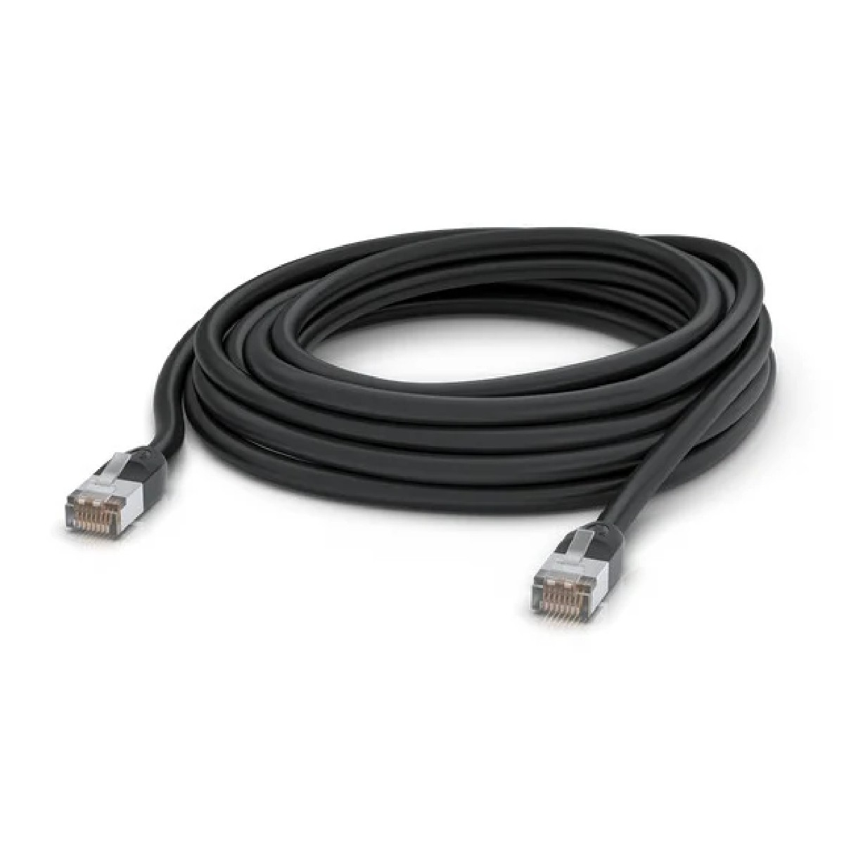 Cavo di rete nero con due connettori RJ45. Il cavo è arrotolato.