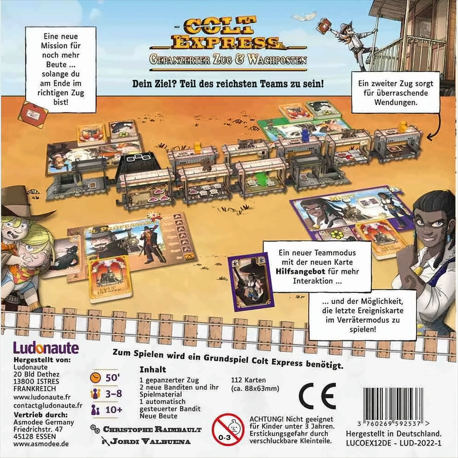 Rückseite einer Colt Express-Brettspielbox, mit Spielkomponenten sichtbar.