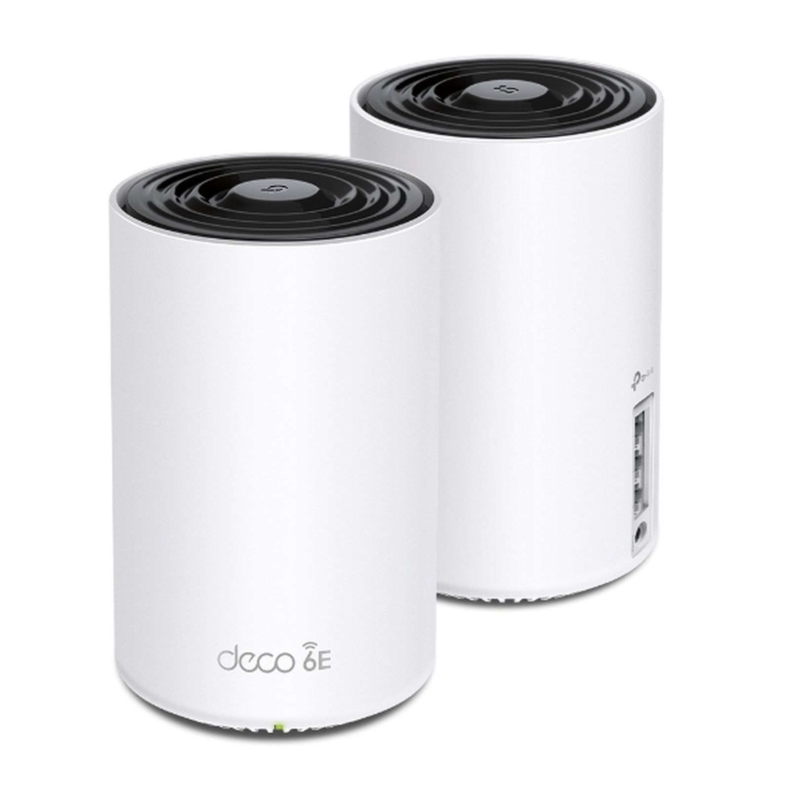 Twee witte, cilindrische Deco 6E mesh Wi-Fi-apparaten op witte achtergrond.